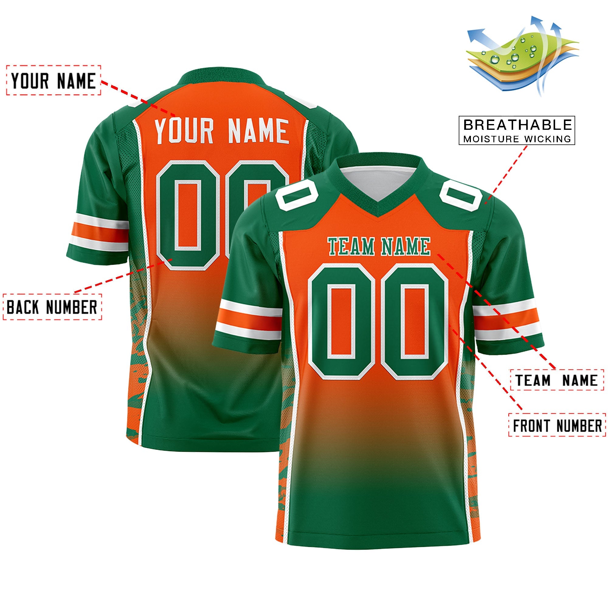 Custom Orange Kelly Green Gradient Personalized Side Pattern Authentic Football Jersey