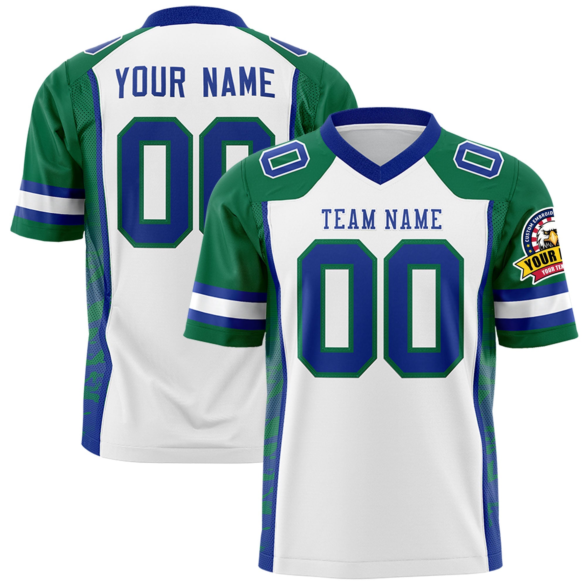 Custom White Kelly Green-Royal Raglan Sleeves Personalized Side Pattern Authentic Football Jersey