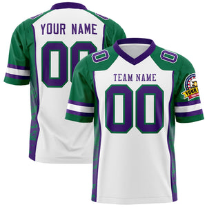 Custom White Kelly Green-Purple Raglan Sleeves Personalized Side Pattern Authentic Football Jersey