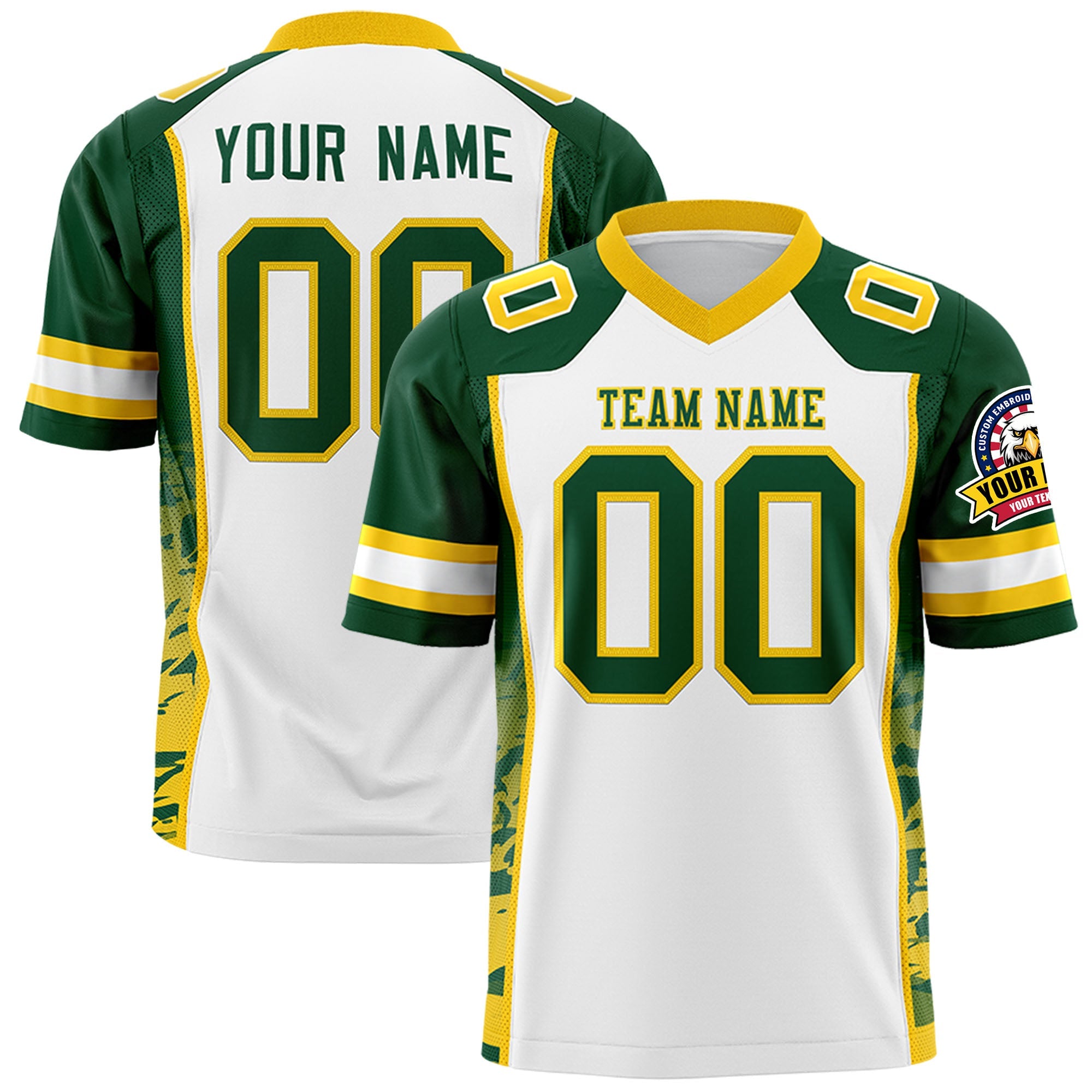 Custom White Green-Gold Raglan Sleeves Personalized Side Pattern Authentic Football Jersey