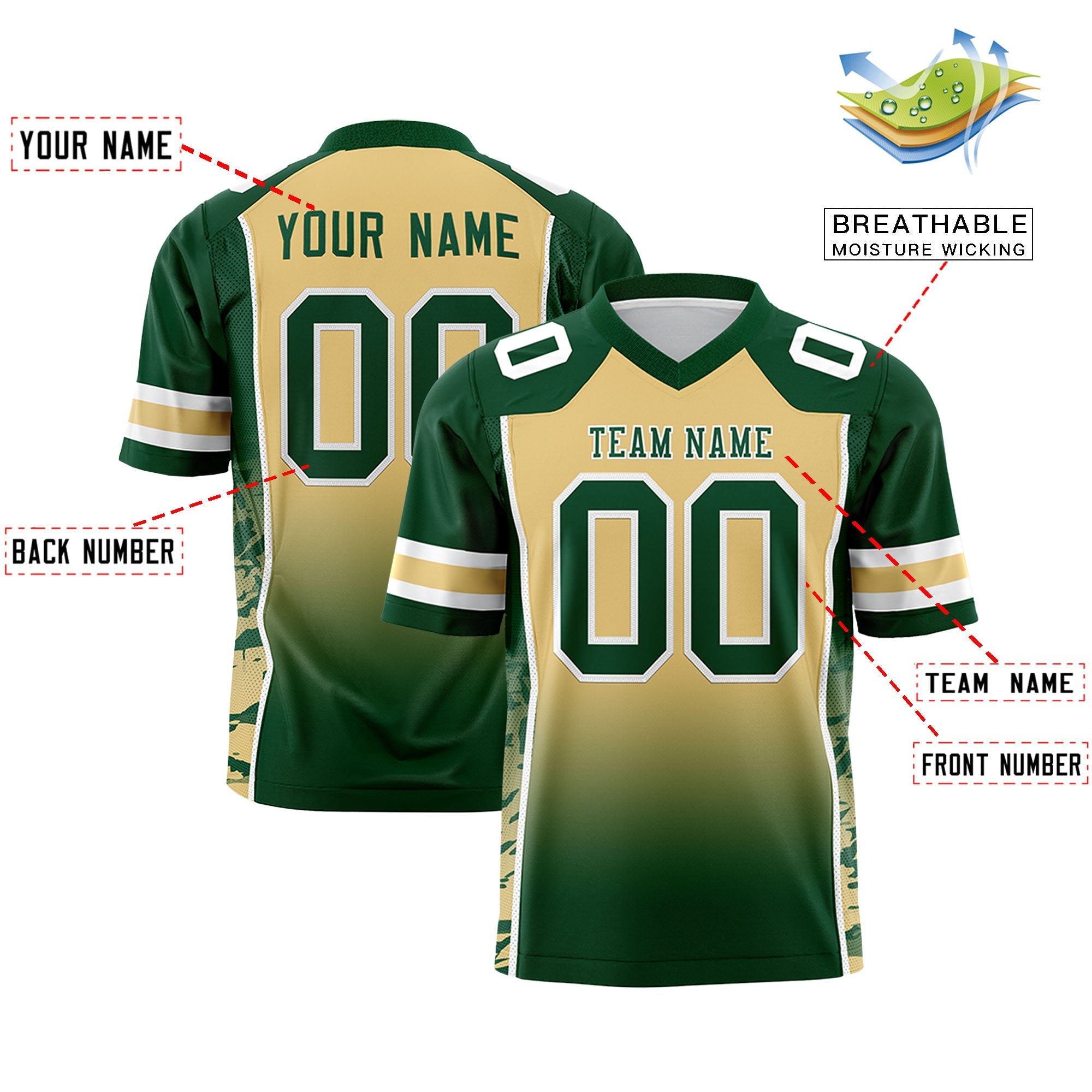 Custom Khaki Green Gradient Personalized Side Pattern Authentic Football Jersey