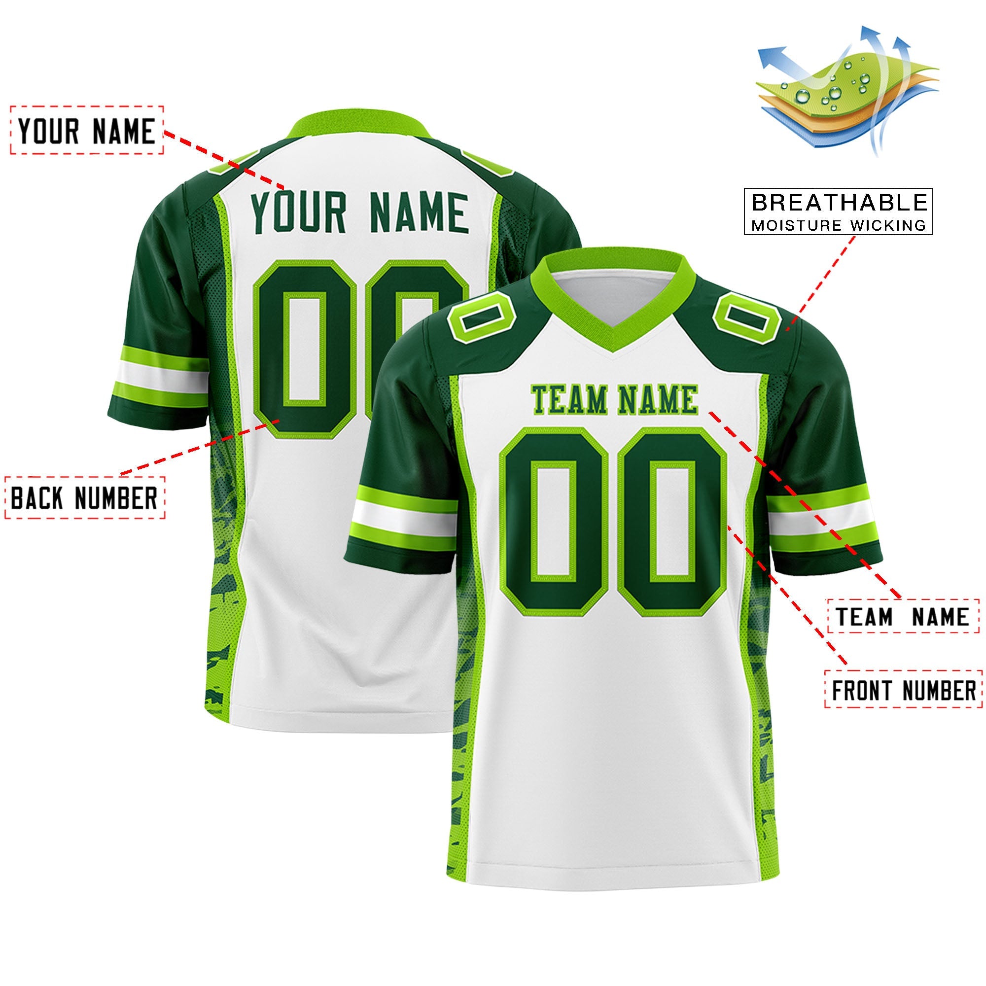 Custom White Green-Neon Green Raglan Sleeves Personalized Side Pattern Authentic Football Jersey