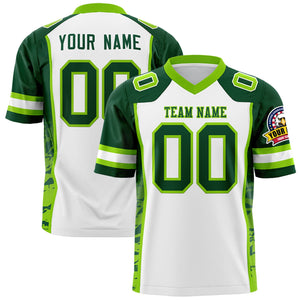 Custom White Green-Neon Green Raglan Sleeves Personalized Side Pattern Authentic Football Jersey