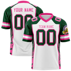 Custom White Green-Pink Raglan Sleeves Personalized Side Pattern Authentic Football Jersey