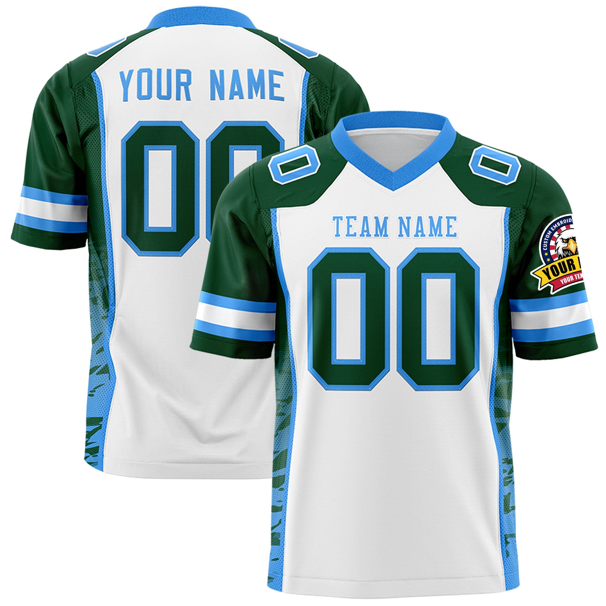 Custom White Green-Powder Blue Raglan Sleeves Personalized Side Pattern Authentic Football Jersey