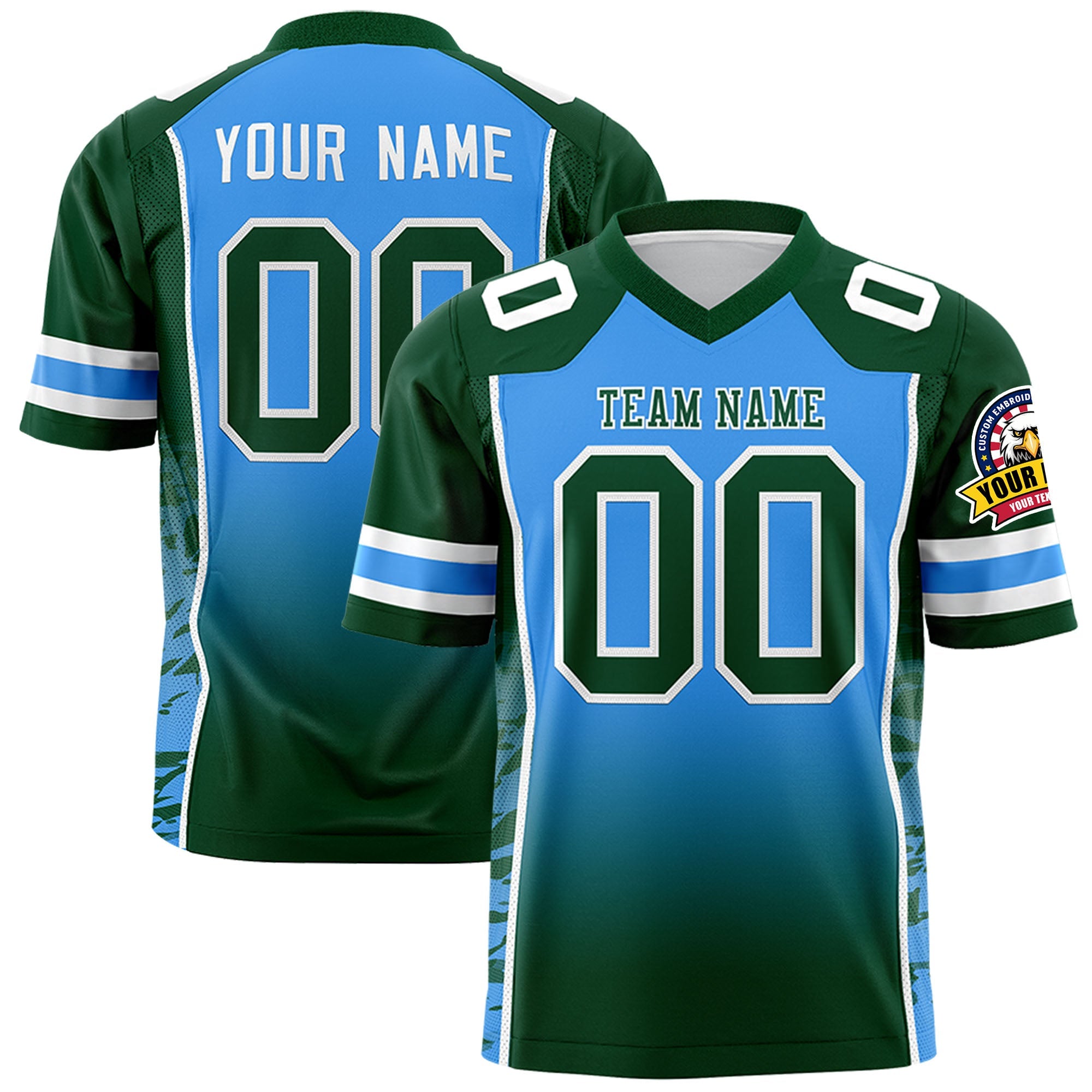 Custom Powder Blue Green Gradient Personalized Side Pattern Authentic Football Jersey