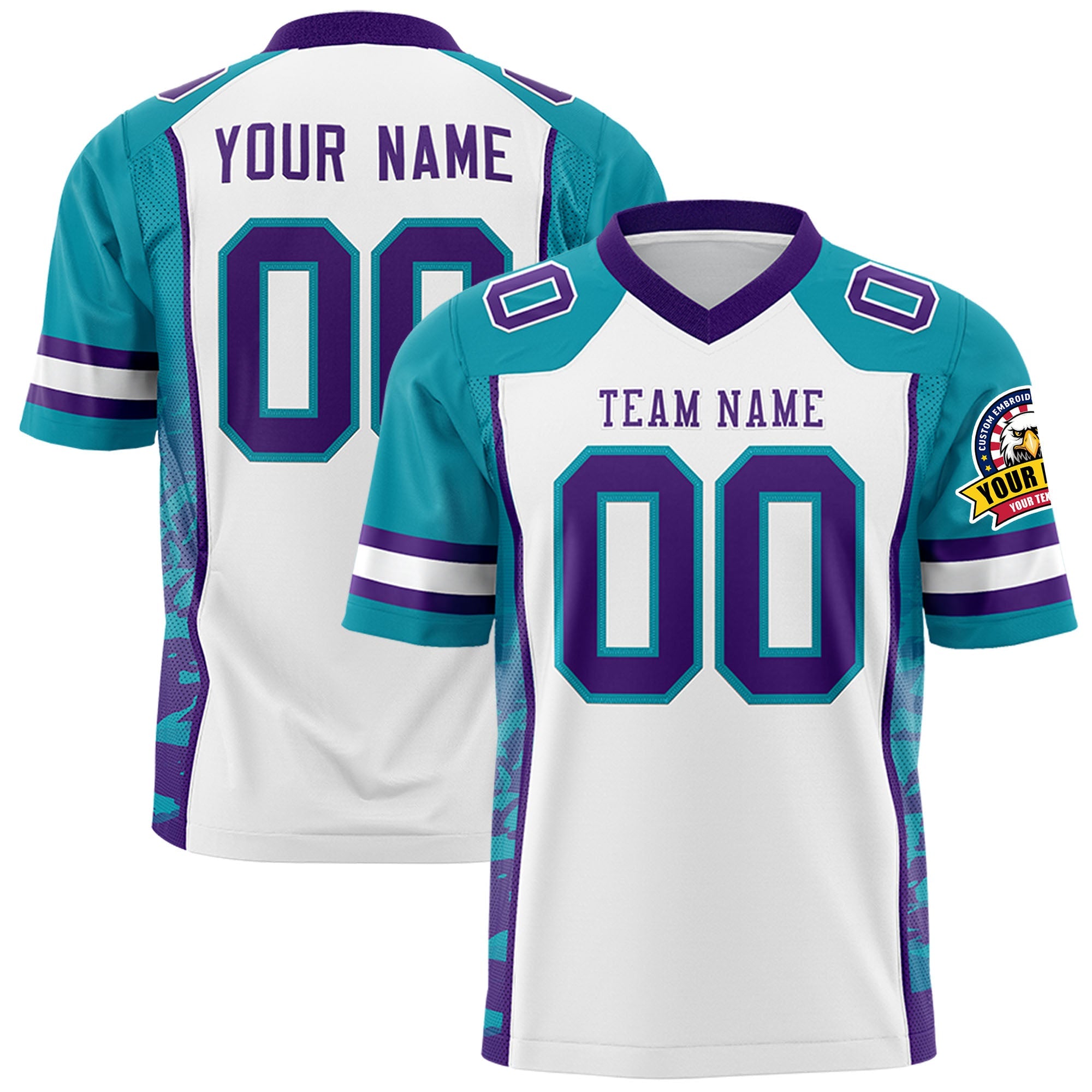 Custom White Teal-Purple Raglan Sleeves Personalized Side Pattern Authentic Football Jersey