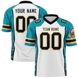 Custom White Teal-Black Raglan Sleeves Personalized Side Pattern Authentic Football Jersey