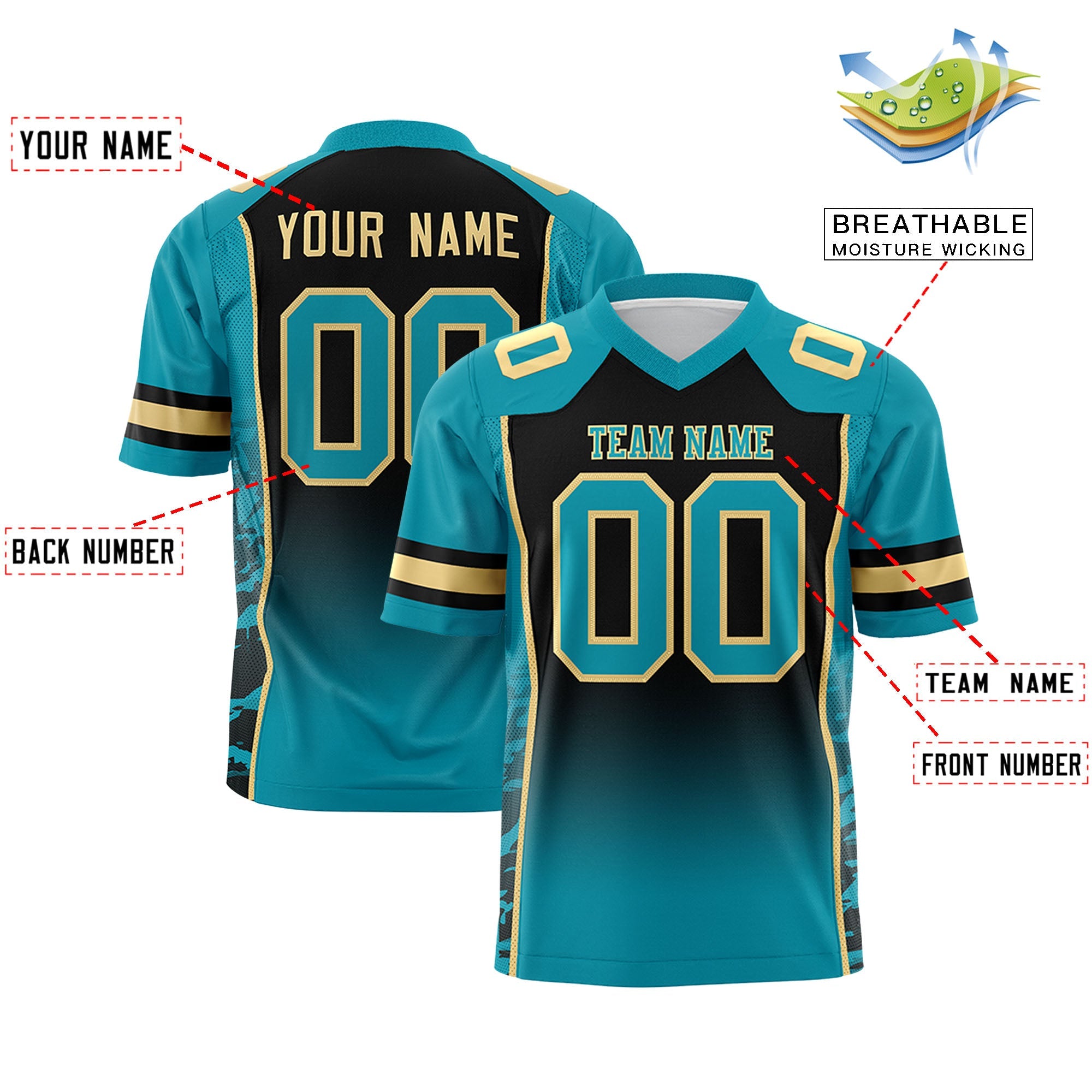 Custom Black Teal Gradient Personalized Side Pattern Authentic Football Jersey