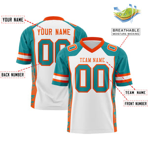 Custom White Aqua-Orange Raglan Sleeves Personalized Side Pattern Authentic Football Jersey