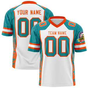 Custom White Aqua-Orange Raglan Sleeves Personalized Side Pattern Authentic Football Jersey