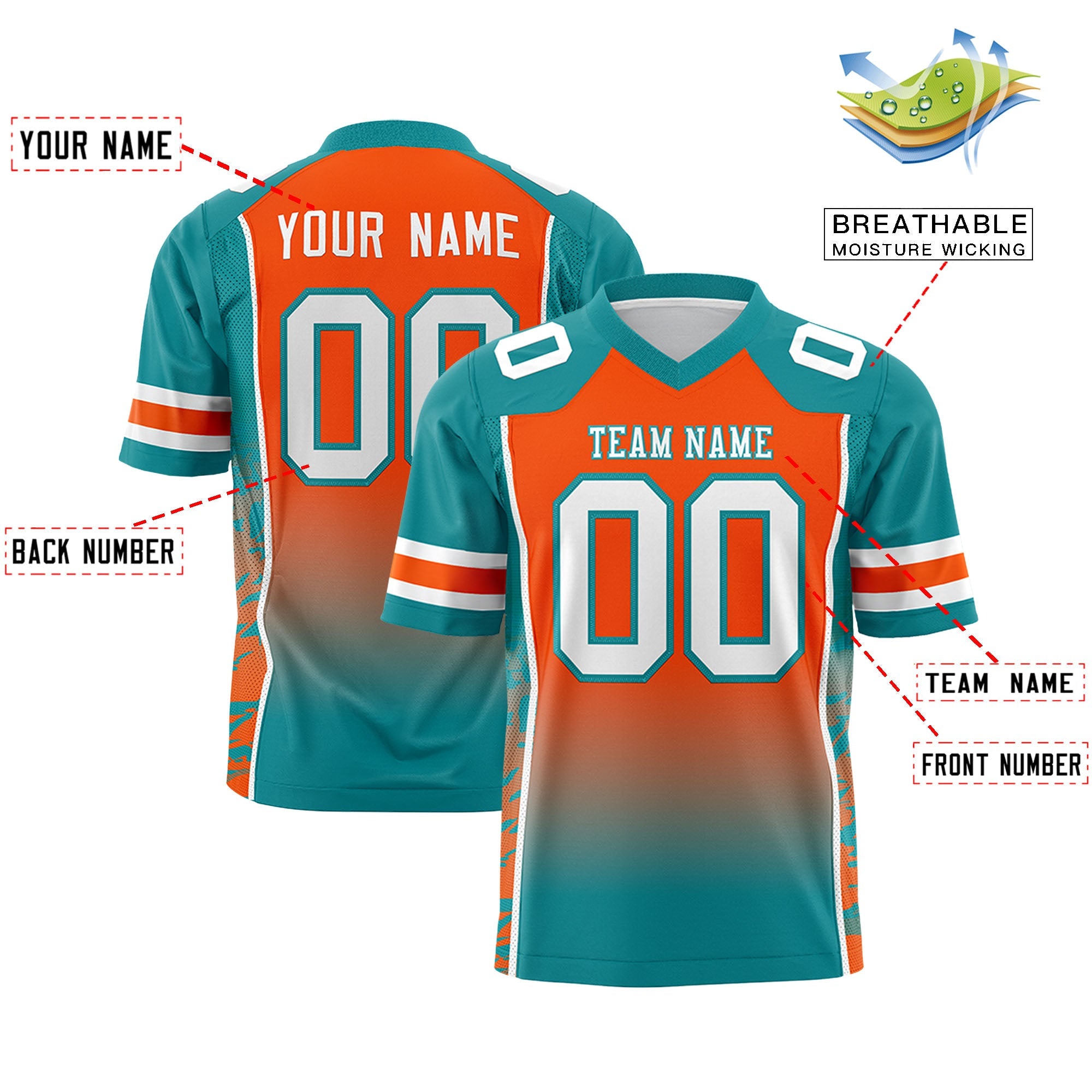 Custom Orange Aqua Gradient Personalized Side Pattern Authentic Football Jersey