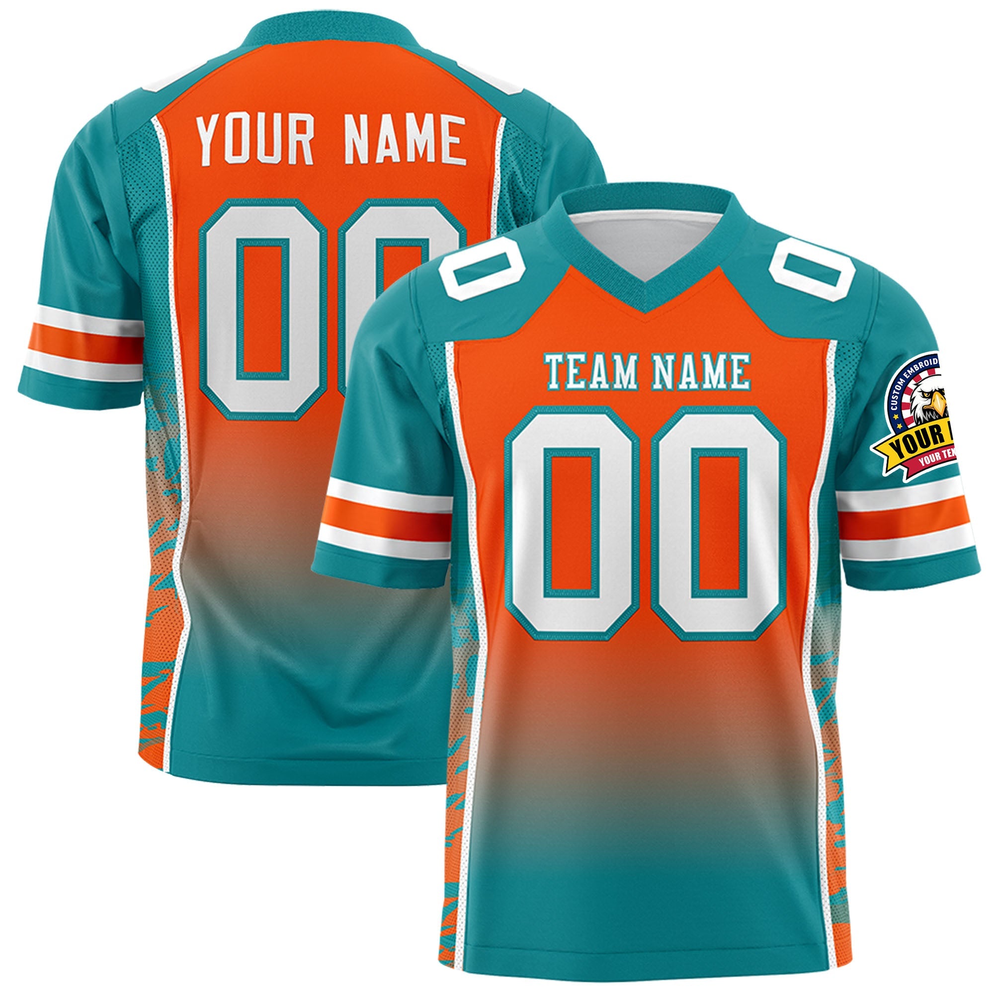 Custom Orange Aqua Gradient Personalized Side Pattern Authentic Football Jersey