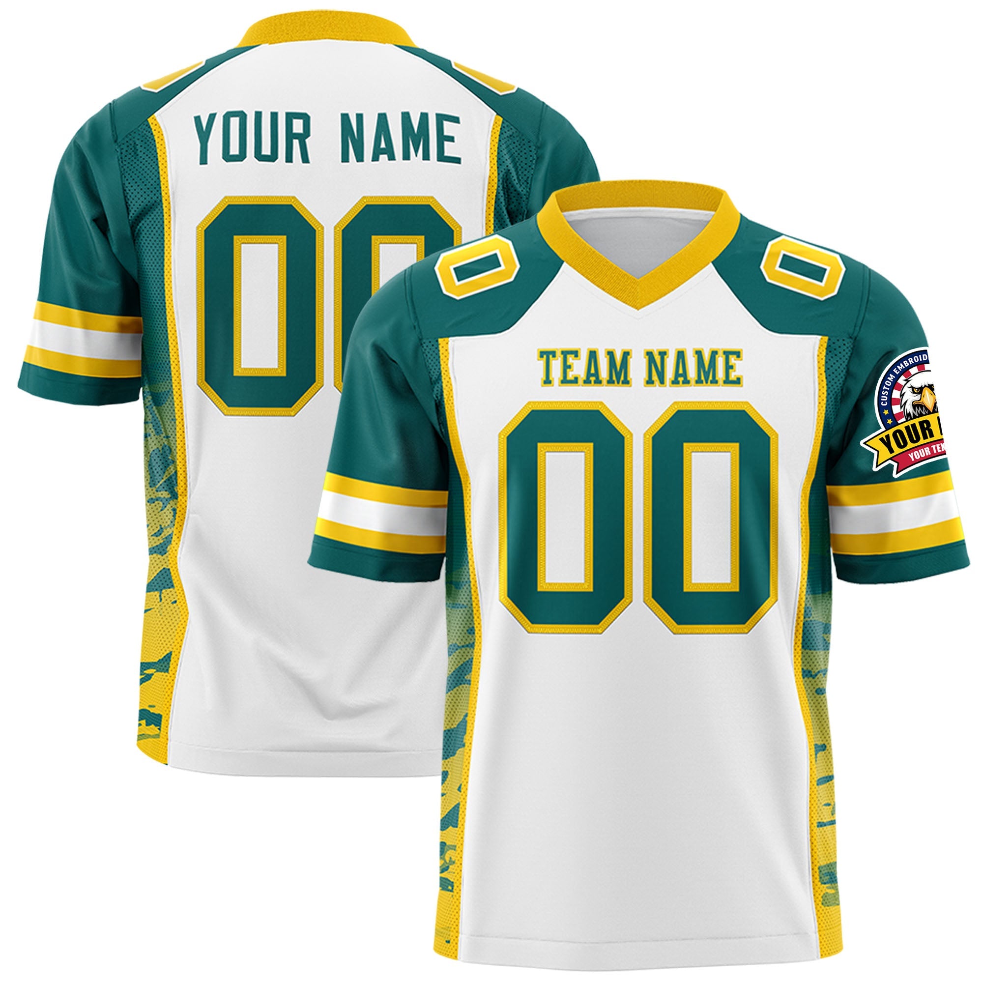 Custom White Aqua-Gold Raglan Sleeves Personalized Side Pattern Authentic Football Jersey