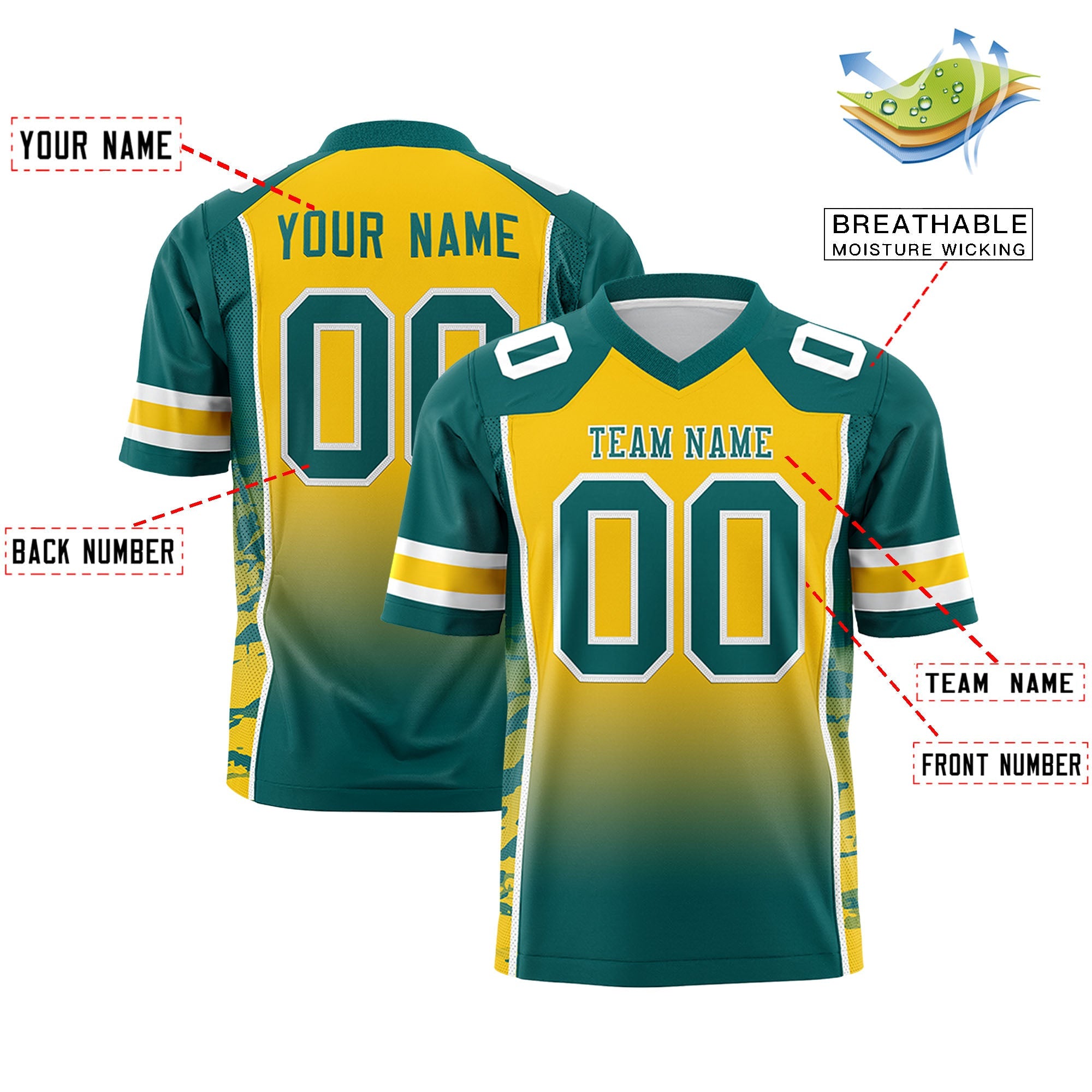 Custom Gold Aqua Gradient Personalized Side Pattern Authentic Football Jersey