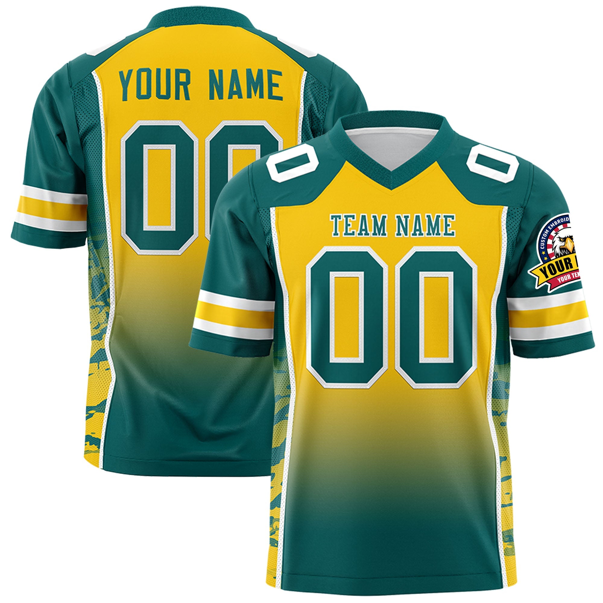 Custom Gold Aqua Gradient Personalized Side Pattern Authentic Football Jersey