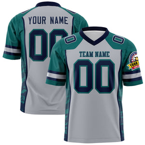 Custom Gray Aqua-Navy Raglan Sleeves Personalized Side Pattern Authentic Football Jersey