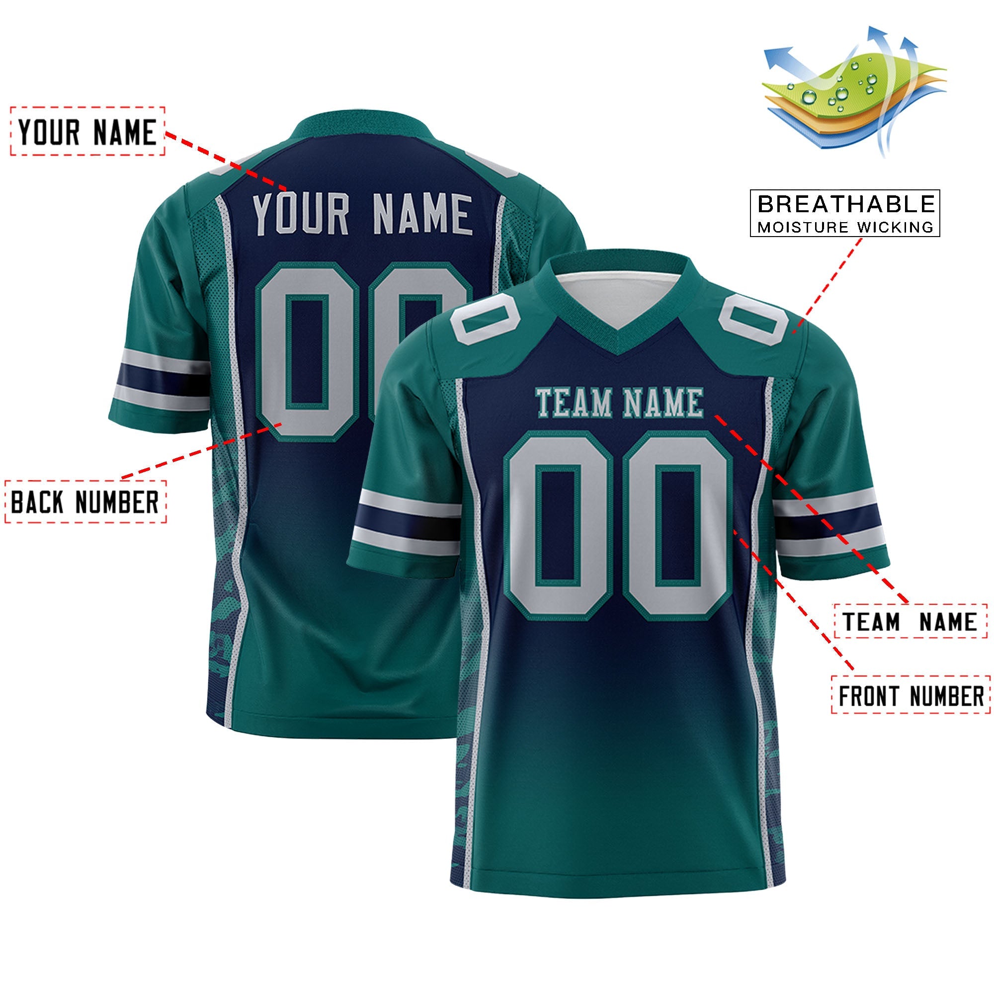 Custom Navy Aqua Gradient Personalized Side Pattern Authentic Football Jersey