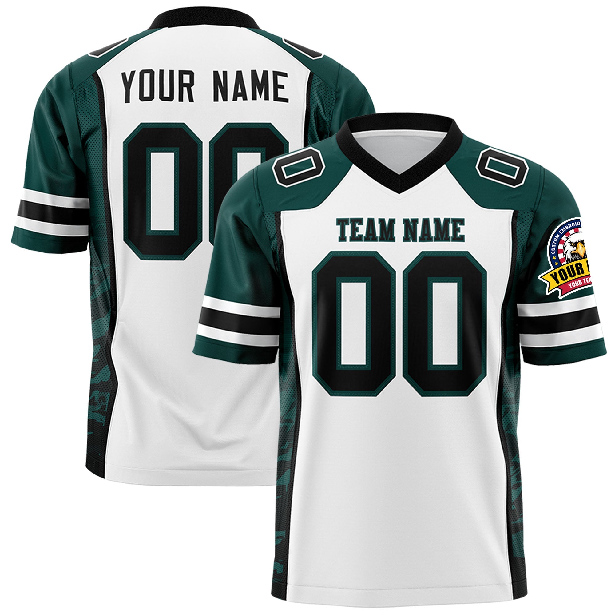 Custom White Midnight Green-Black Raglan Sleeves Personalized Side Pattern Authentic Football Jersey