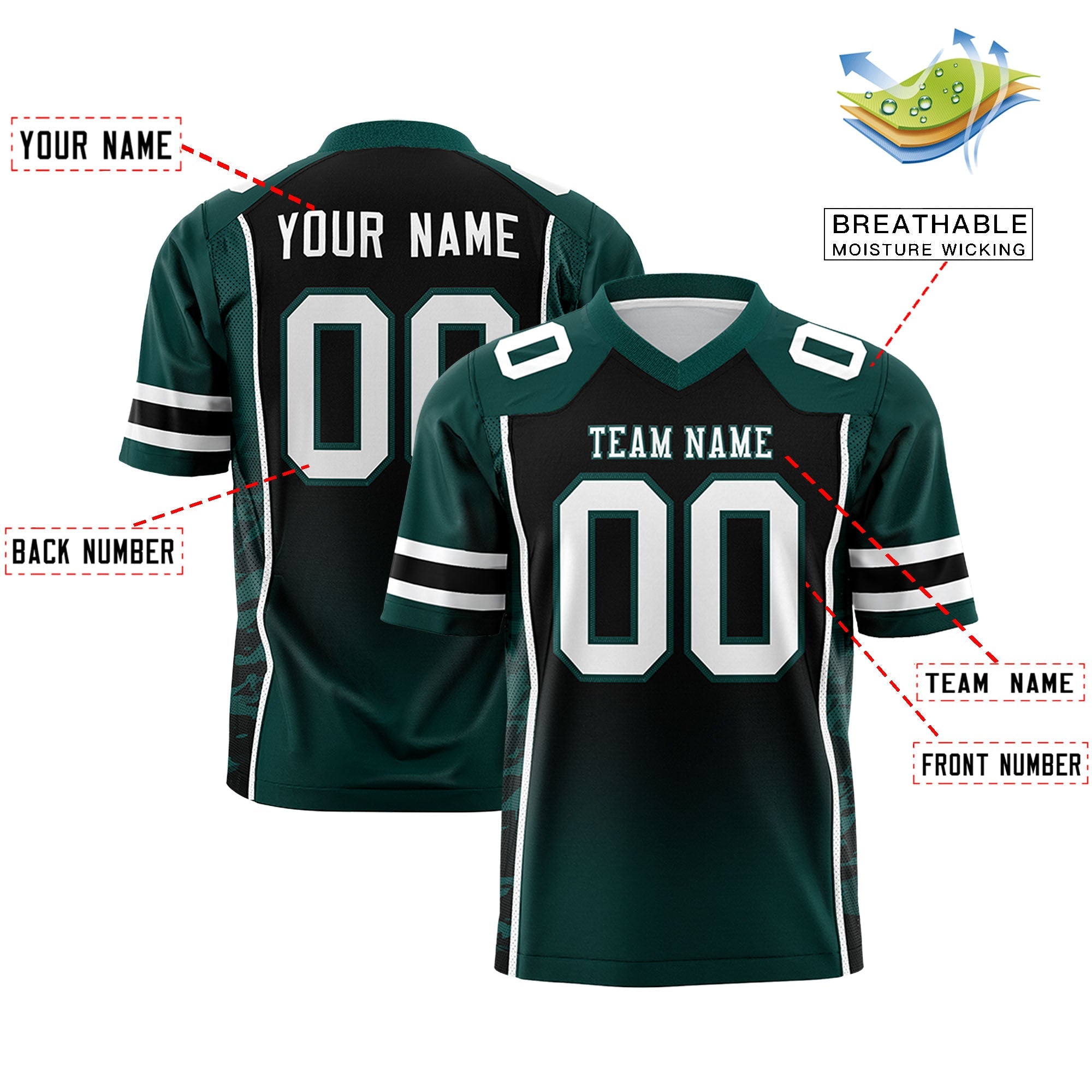 Custom Black Midnight Green Gradient Personalized Side Pattern Authentic Football Jersey