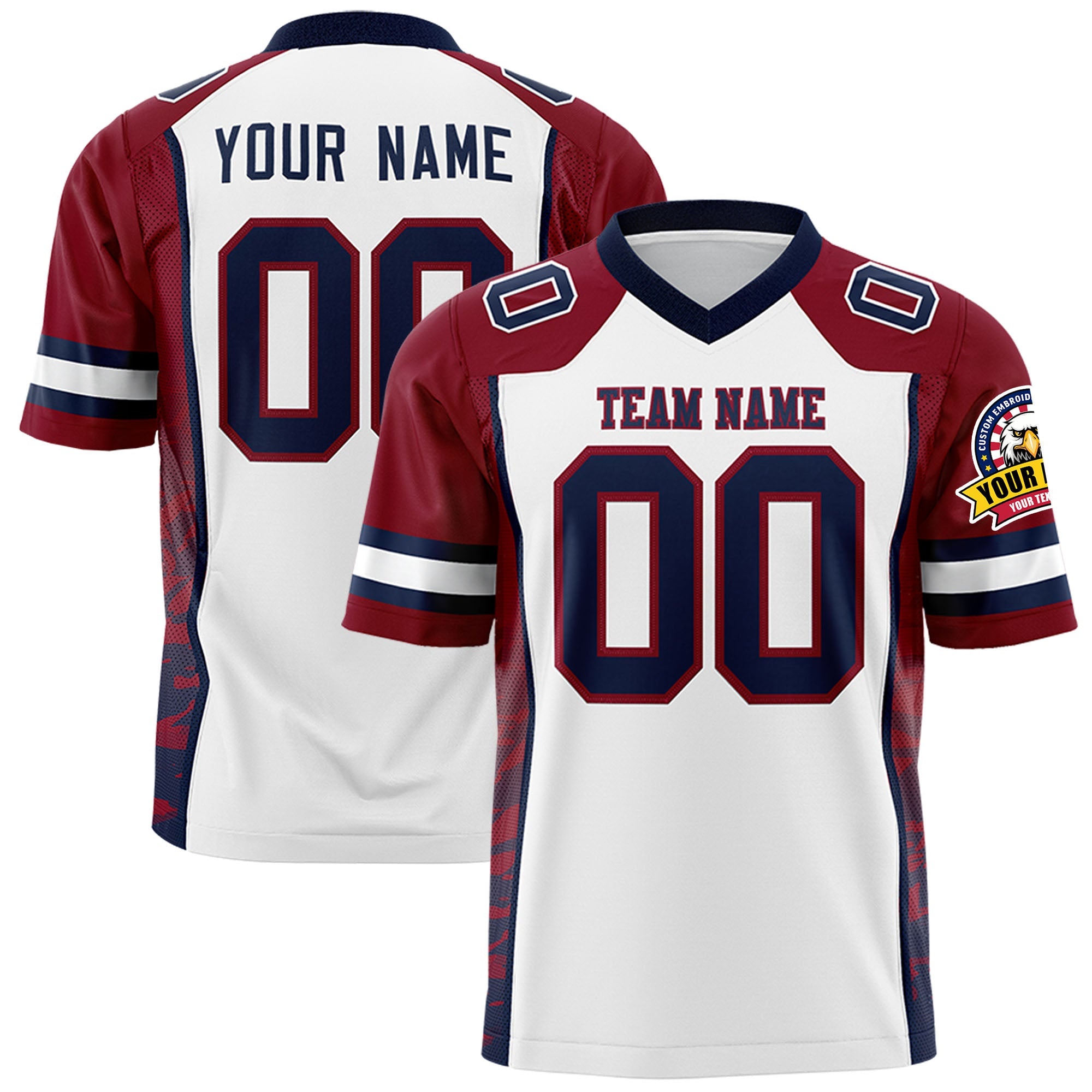 Custom White Crimson-Navy Raglan Sleeves Personalized Side Pattern Authentic Football Jersey