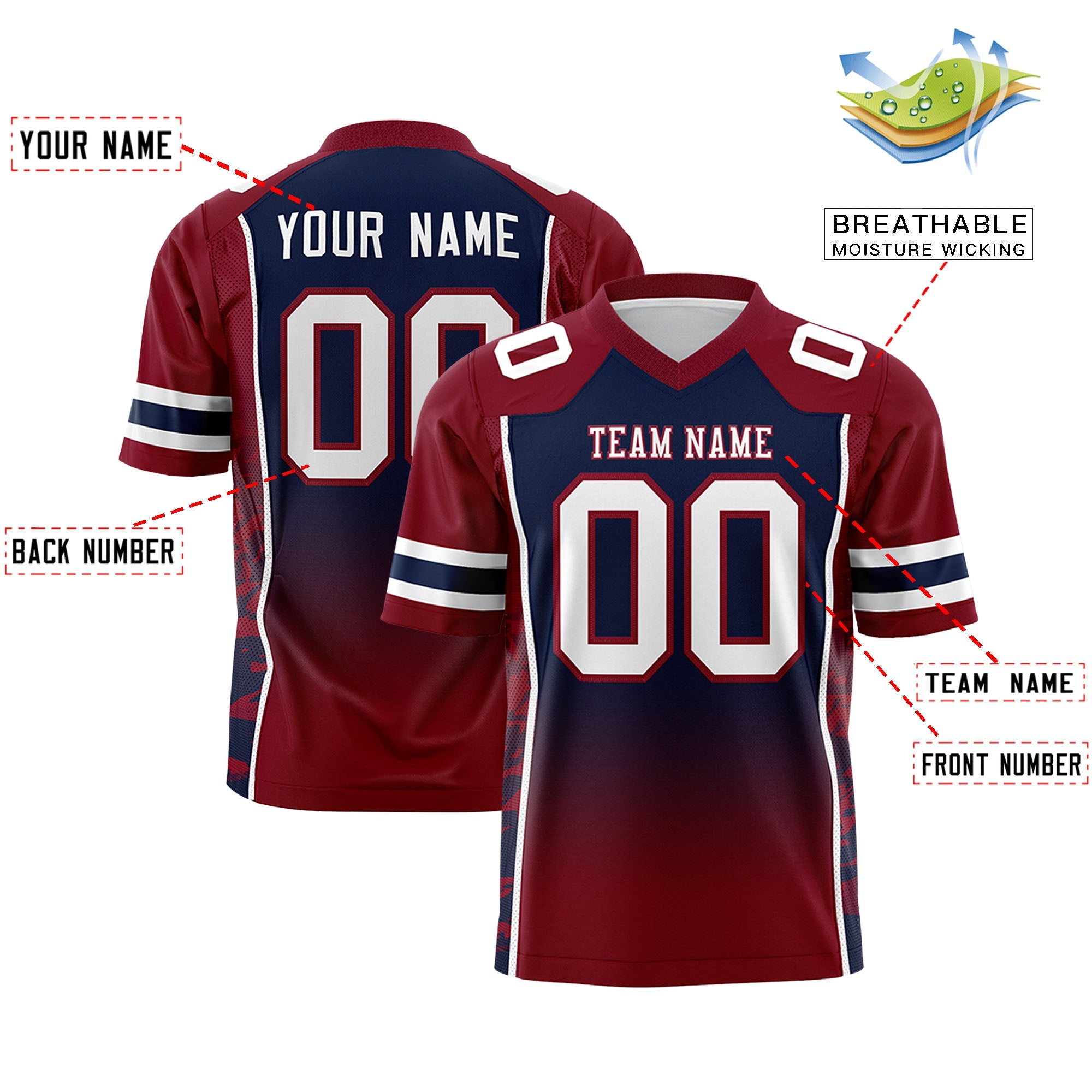 Custom Navy Crimson Gradient Personalized Side Pattern Authentic Football Jersey