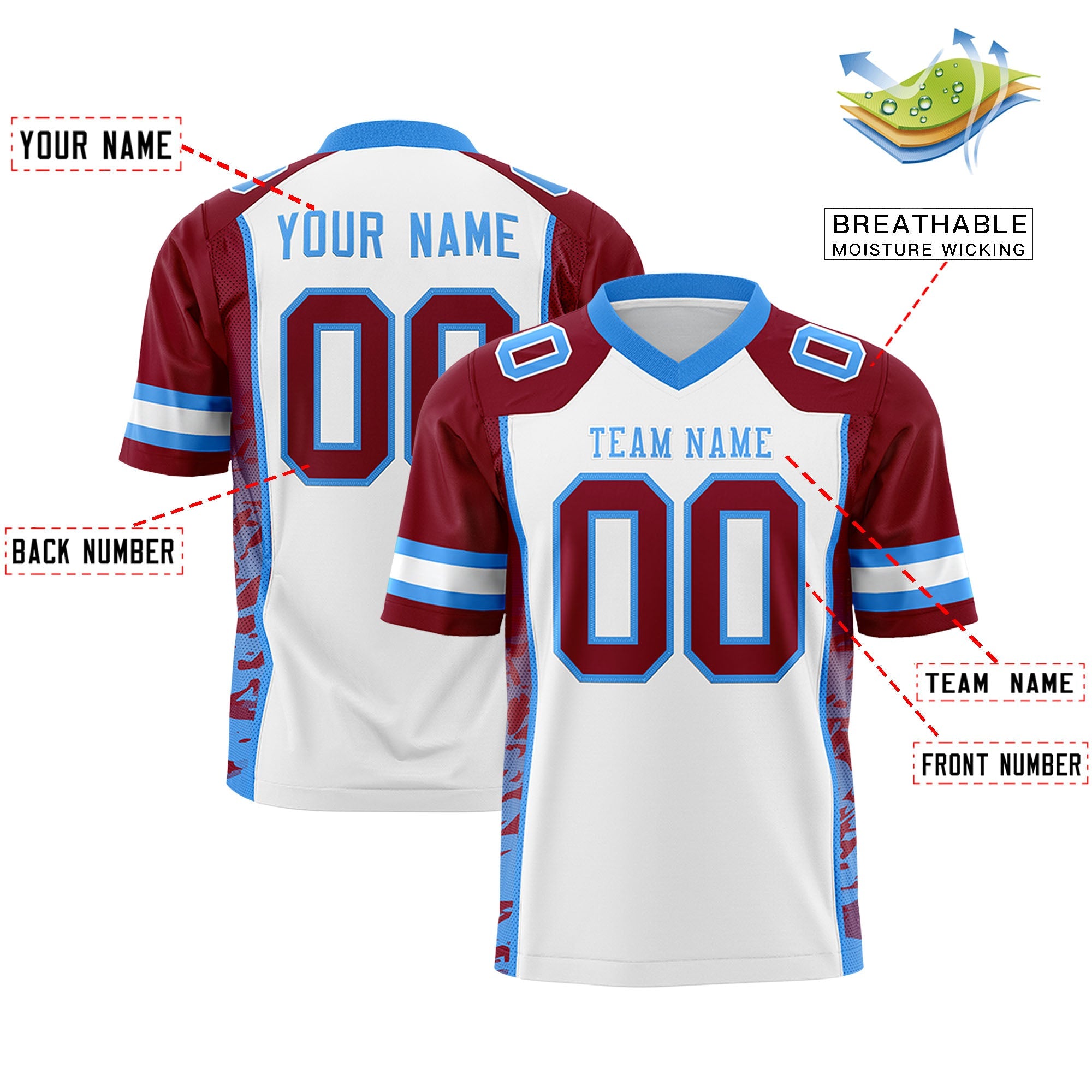 Custom White Crimson-Powder Blue Raglan Sleeves Personalized Side Pattern Authentic Football Jersey