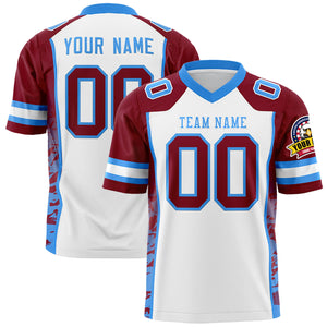 Custom White Crimson-Powder Blue Raglan Sleeves Personalized Side Pattern Authentic Football Jersey