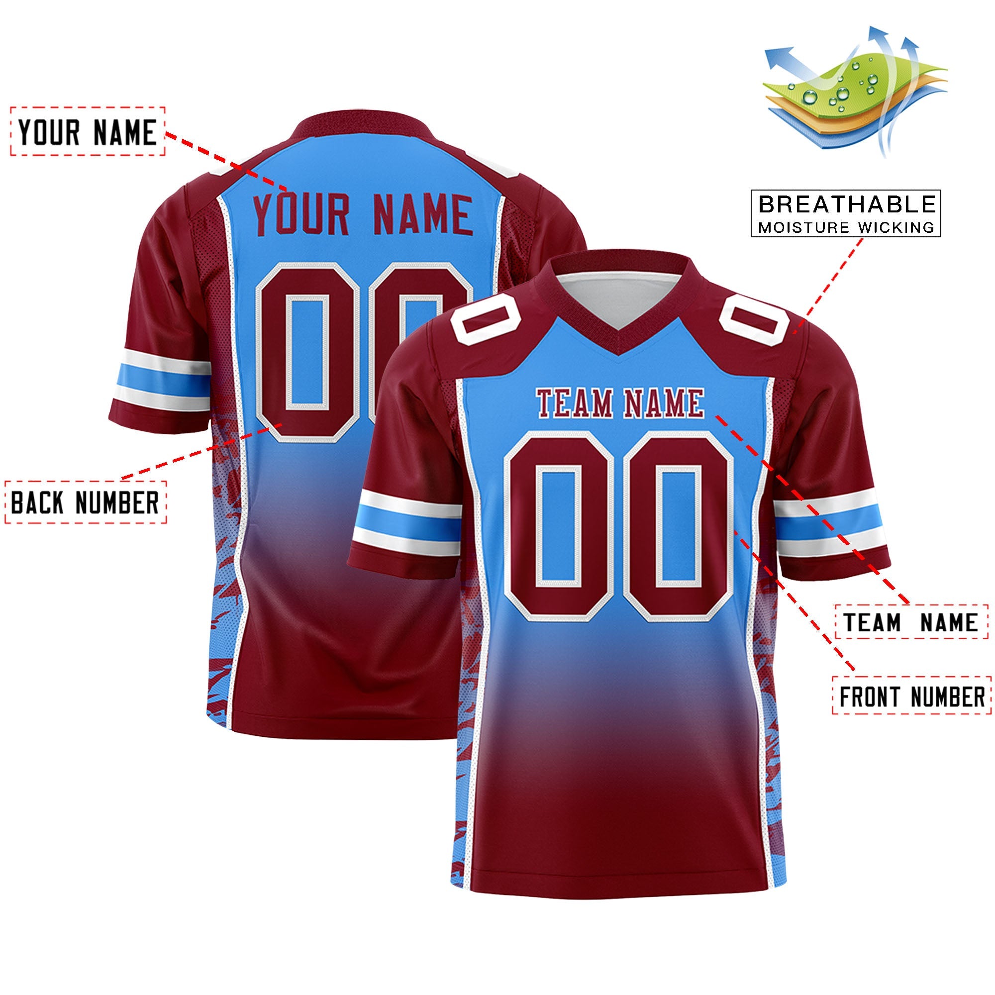 Custom Powder Blue Crimson Gradient Personalized Side Pattern Authentic Football Jersey