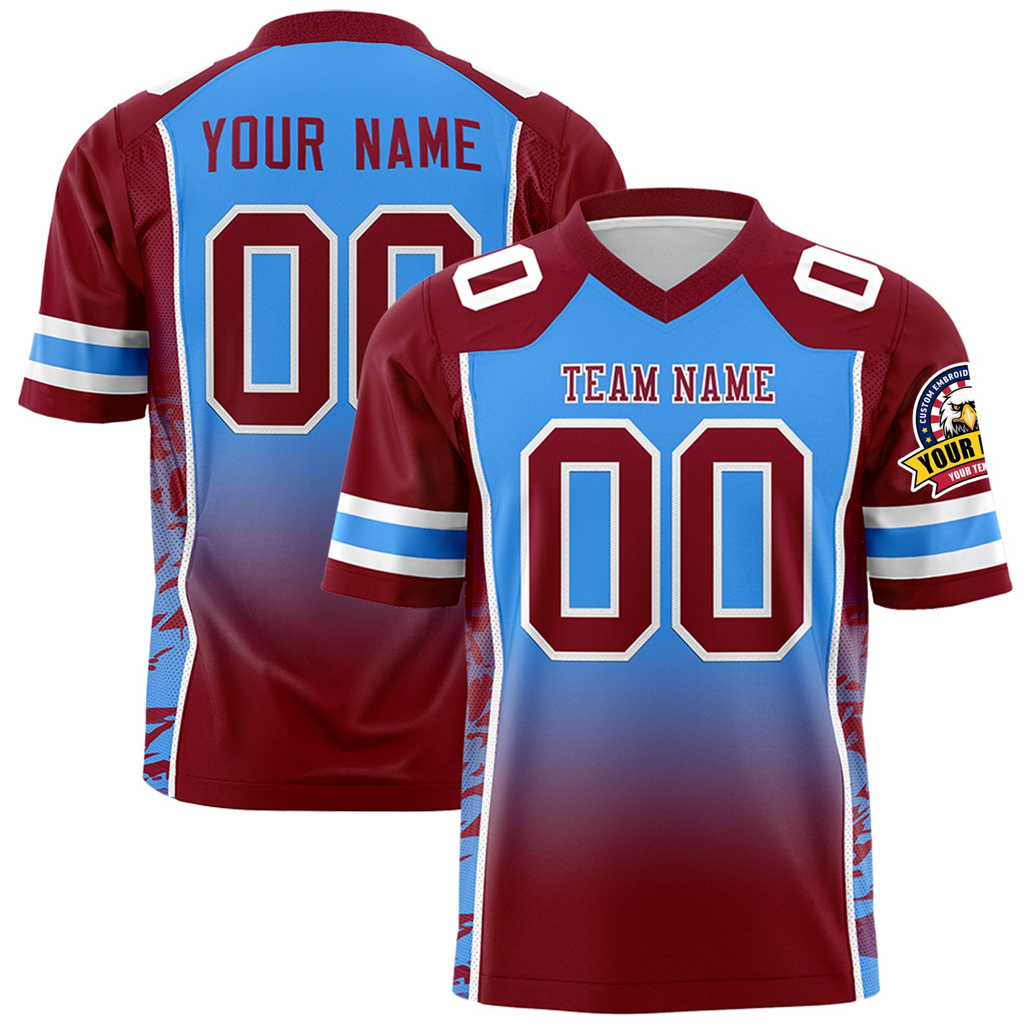 Custom Powder Blue Crimson Gradient Personalized Side Pattern Authentic Football Jersey