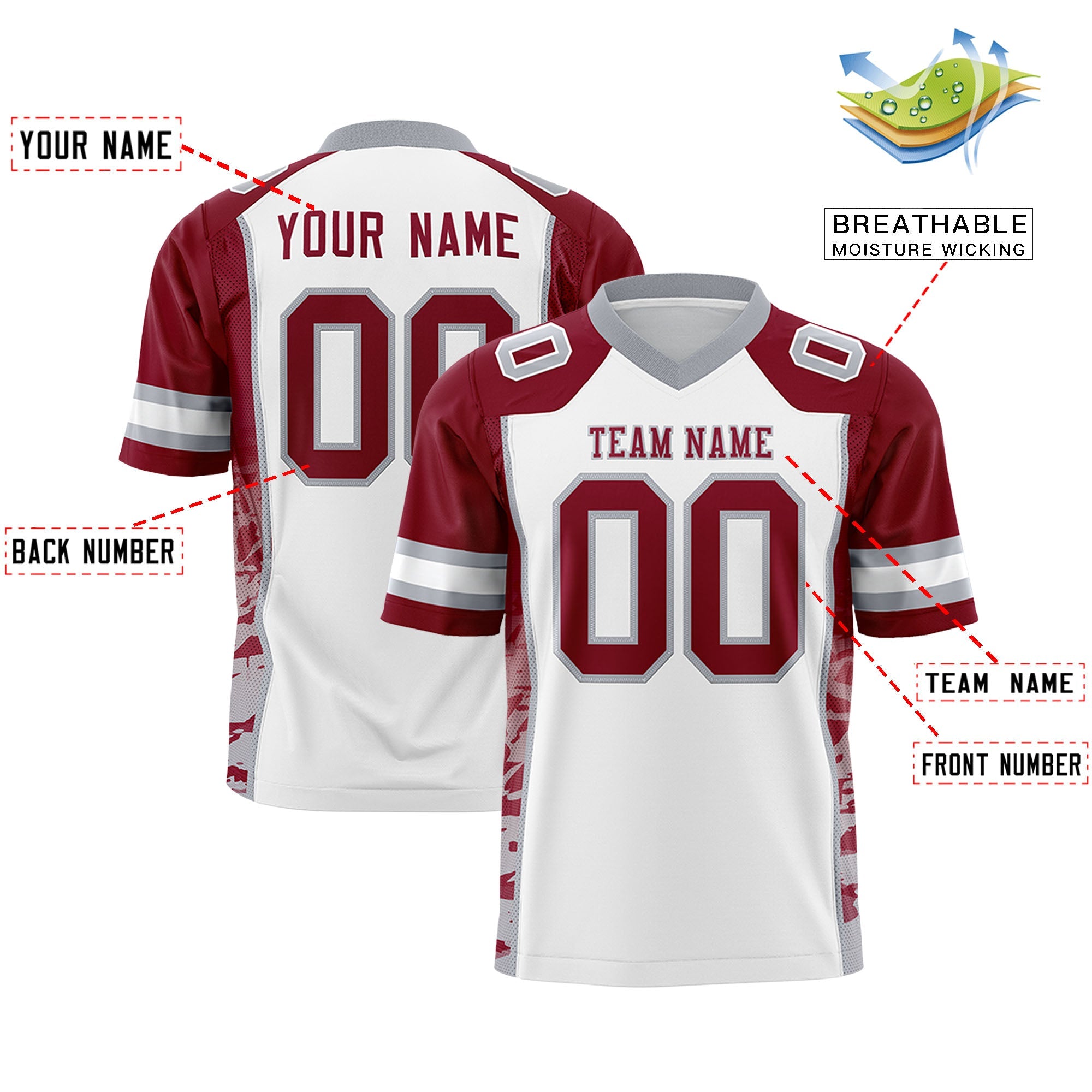 Custom White Crimson-Gray Raglan Sleeves Personalized Side Pattern Authentic Football Jersey