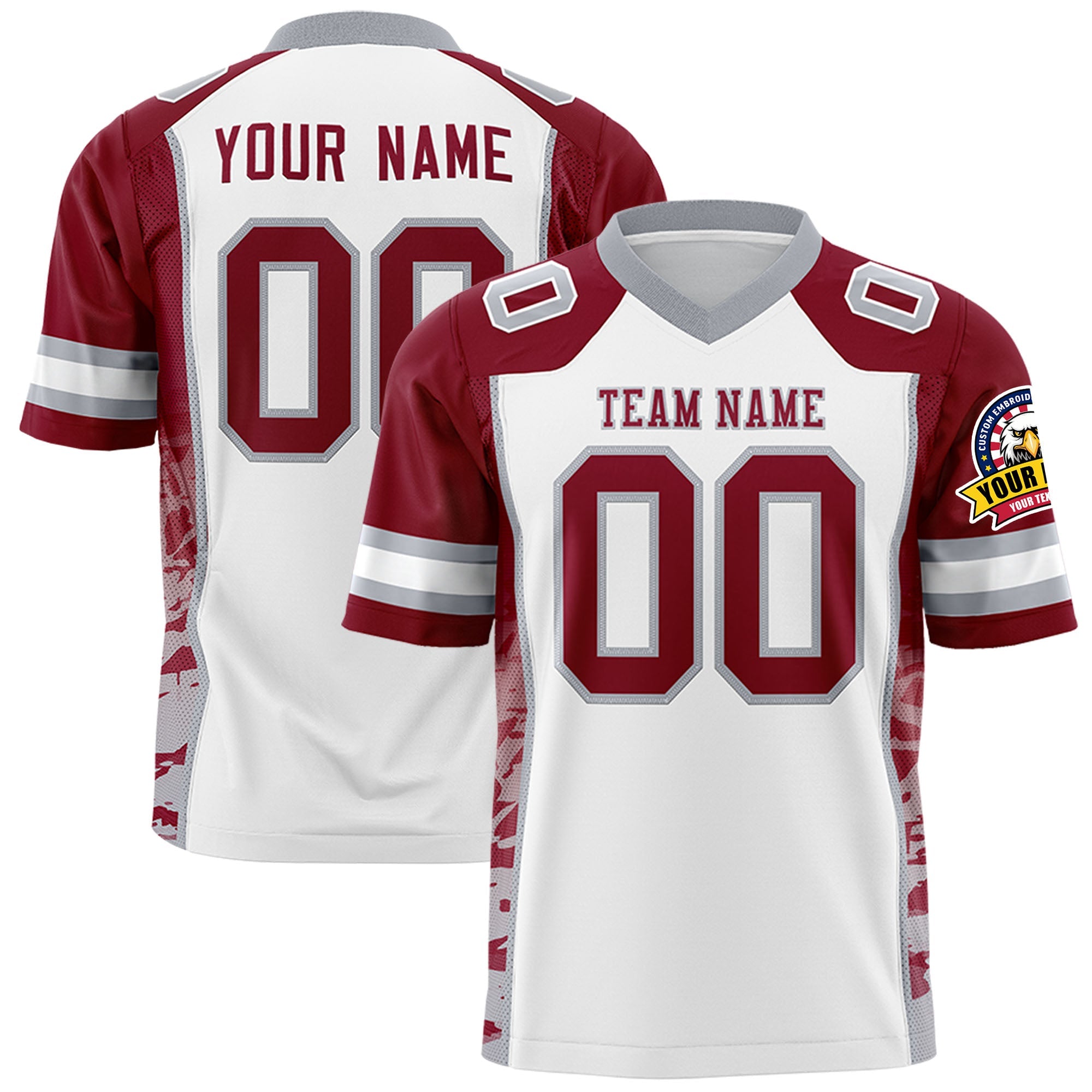 Custom White Crimson-Gray Raglan Sleeves Personalized Side Pattern Authentic Football Jersey