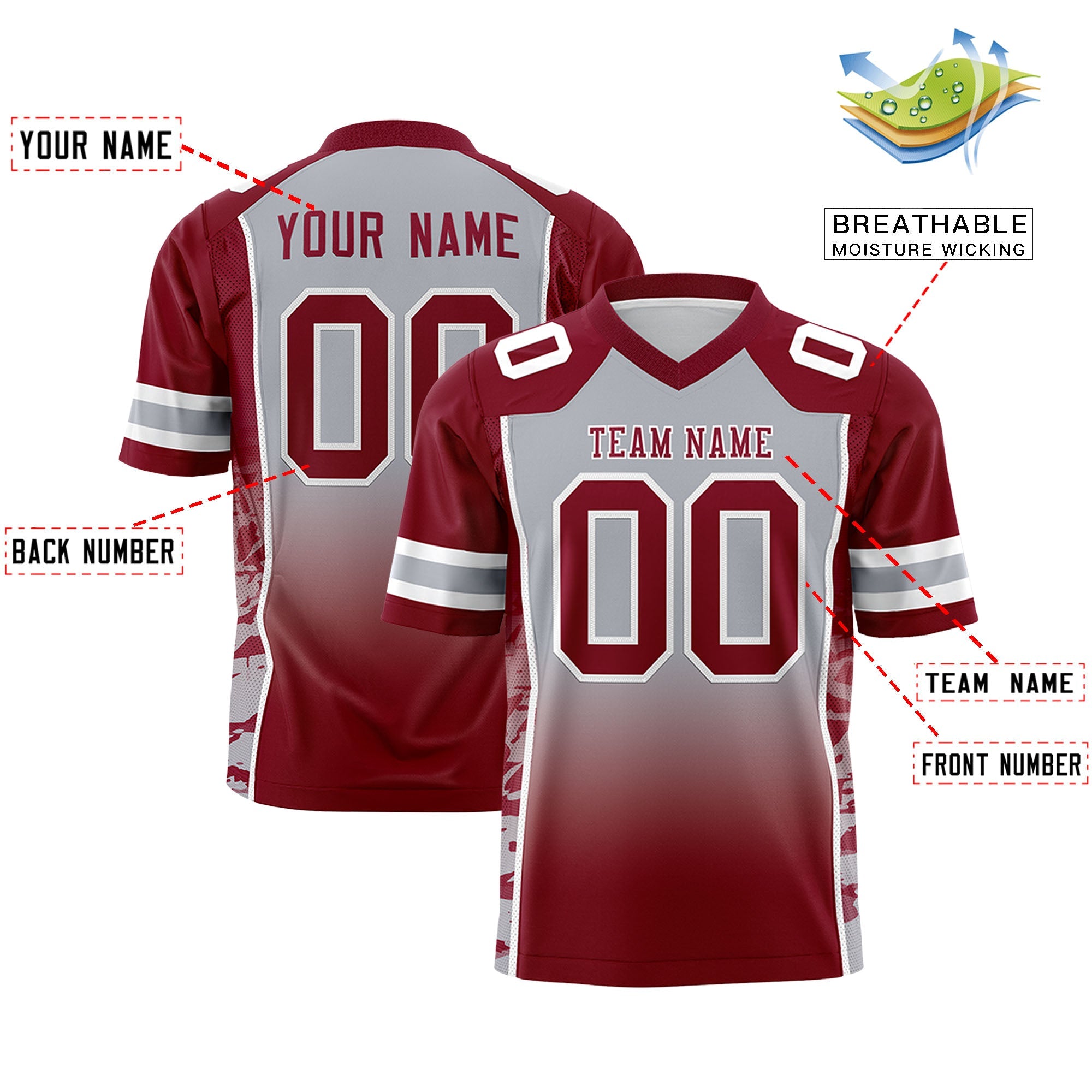 Custom Gray Crimson Gradient Personalized Side Pattern Authentic Football Jersey