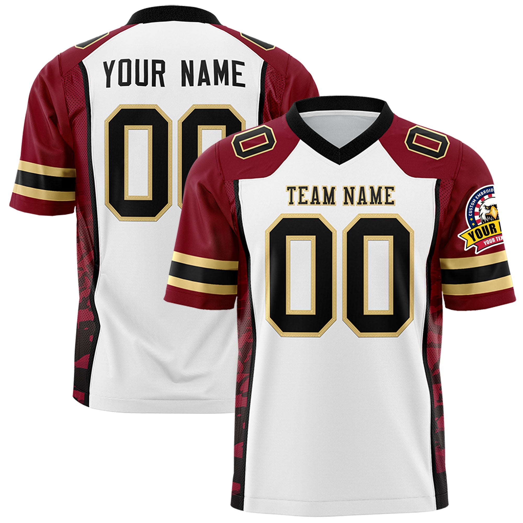 Custom White Crimson-Black Raglan Sleeves Personalized Side Pattern Authentic Football Jersey