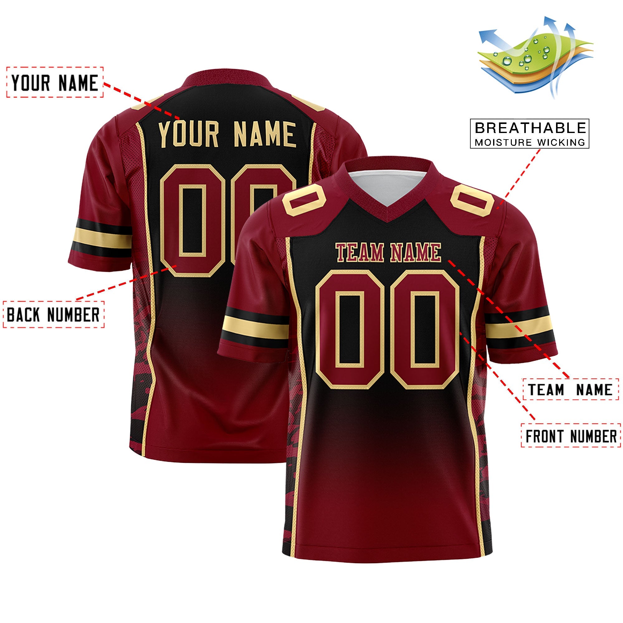 Custom Black Crimson Gradient Personalized Side Pattern Authentic Football Jersey