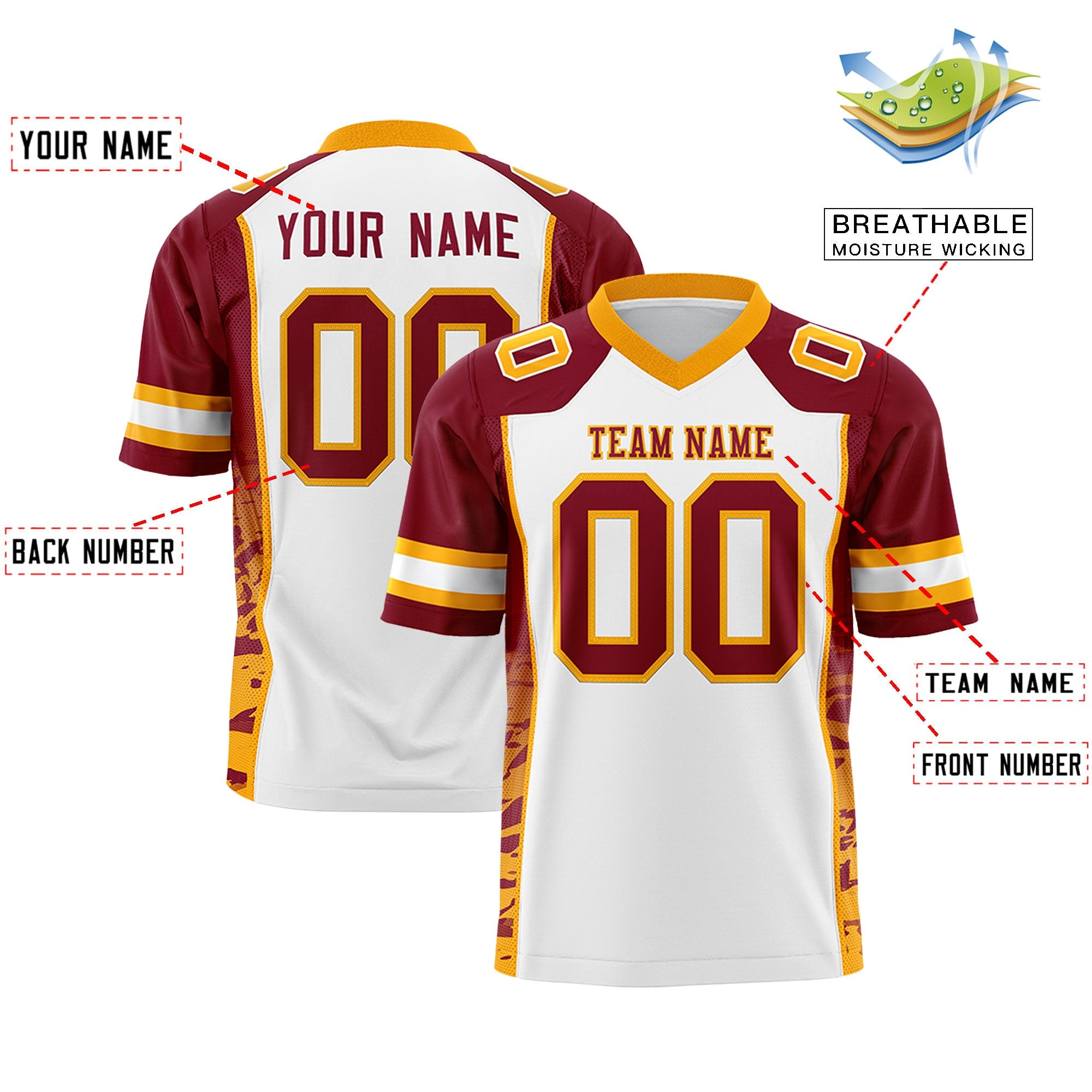 Custom White Crimson-Yellow Raglan Sleeves Personalized Side Pattern Authentic Football Jersey