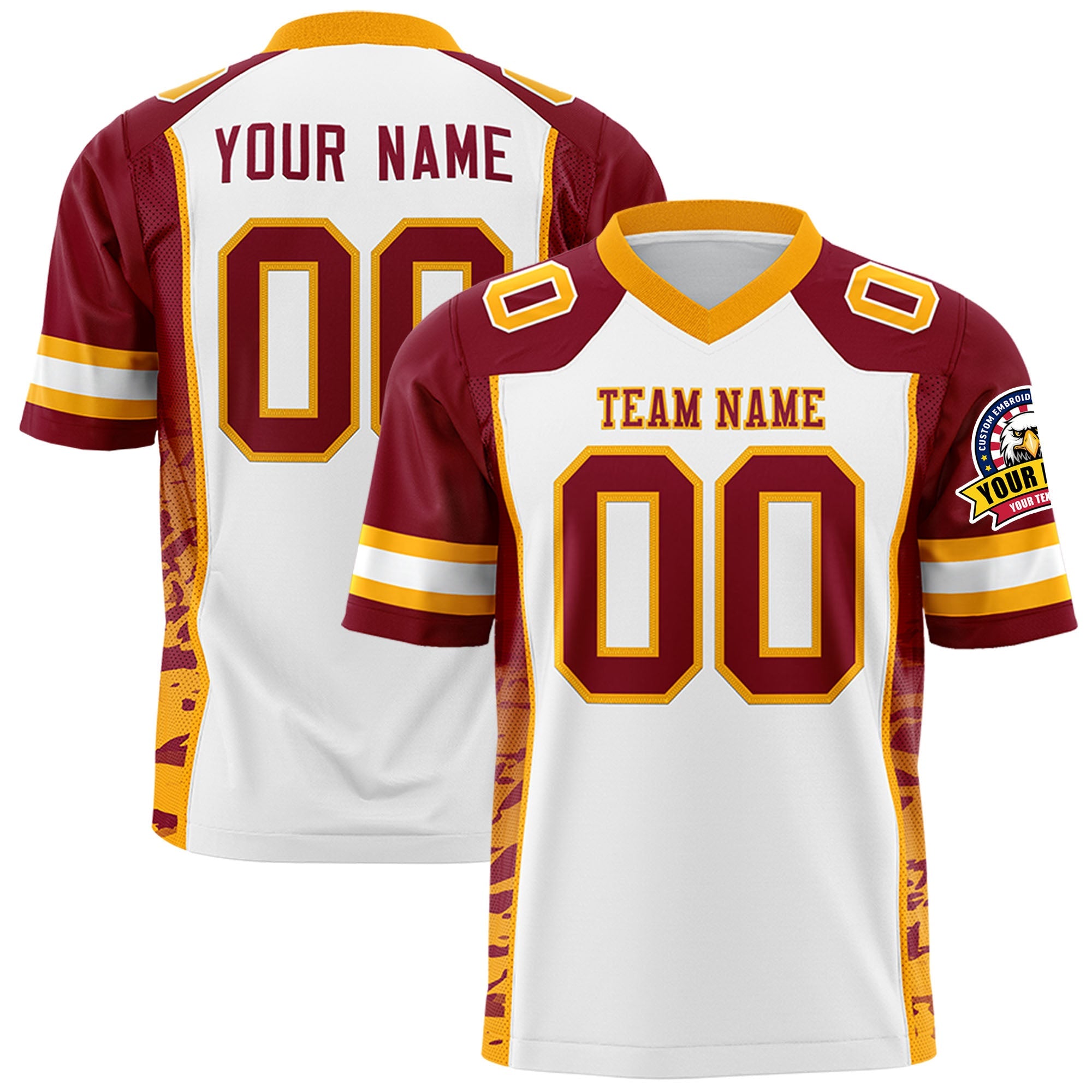 Custom White Crimson-Yellow Raglan Sleeves Personalized Side Pattern Authentic Football Jersey