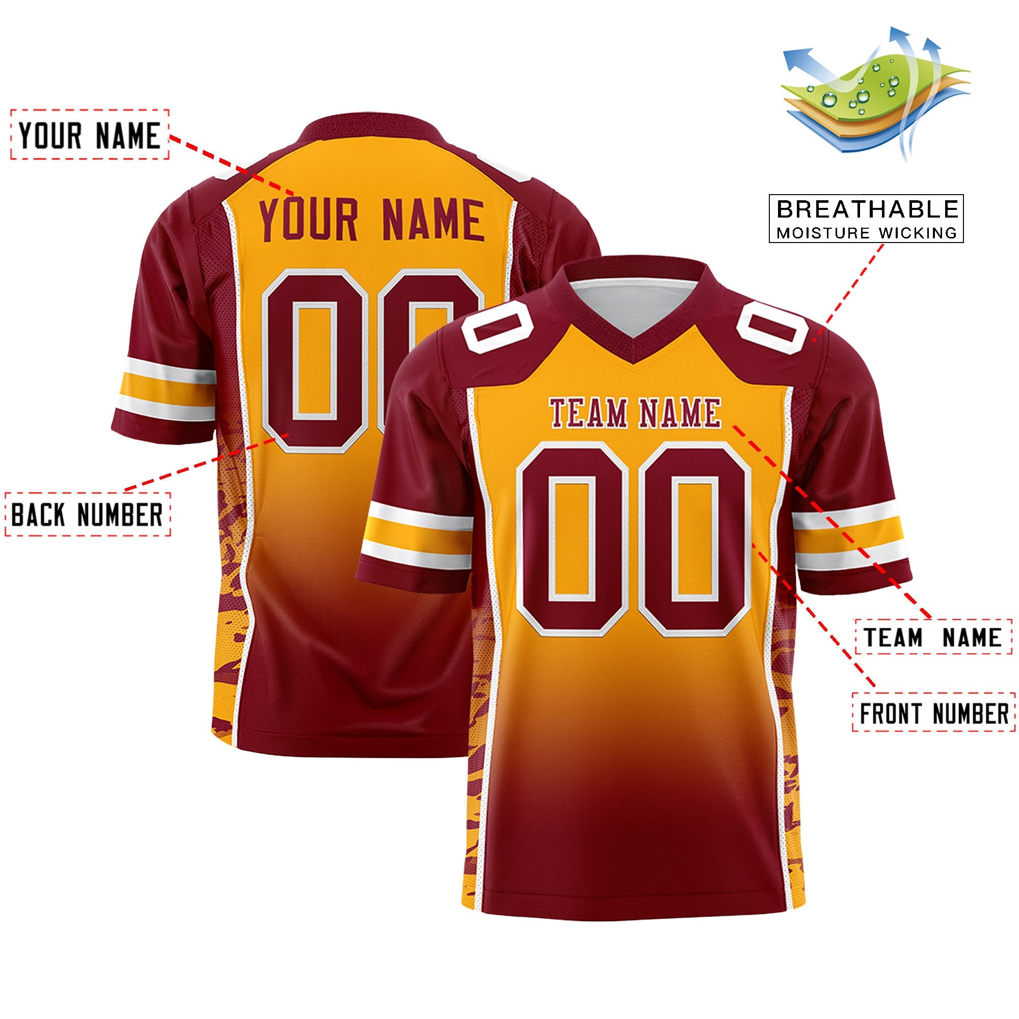 Custom Yellow Crimson Gradient Personalized Side Pattern Authentic Football Jersey