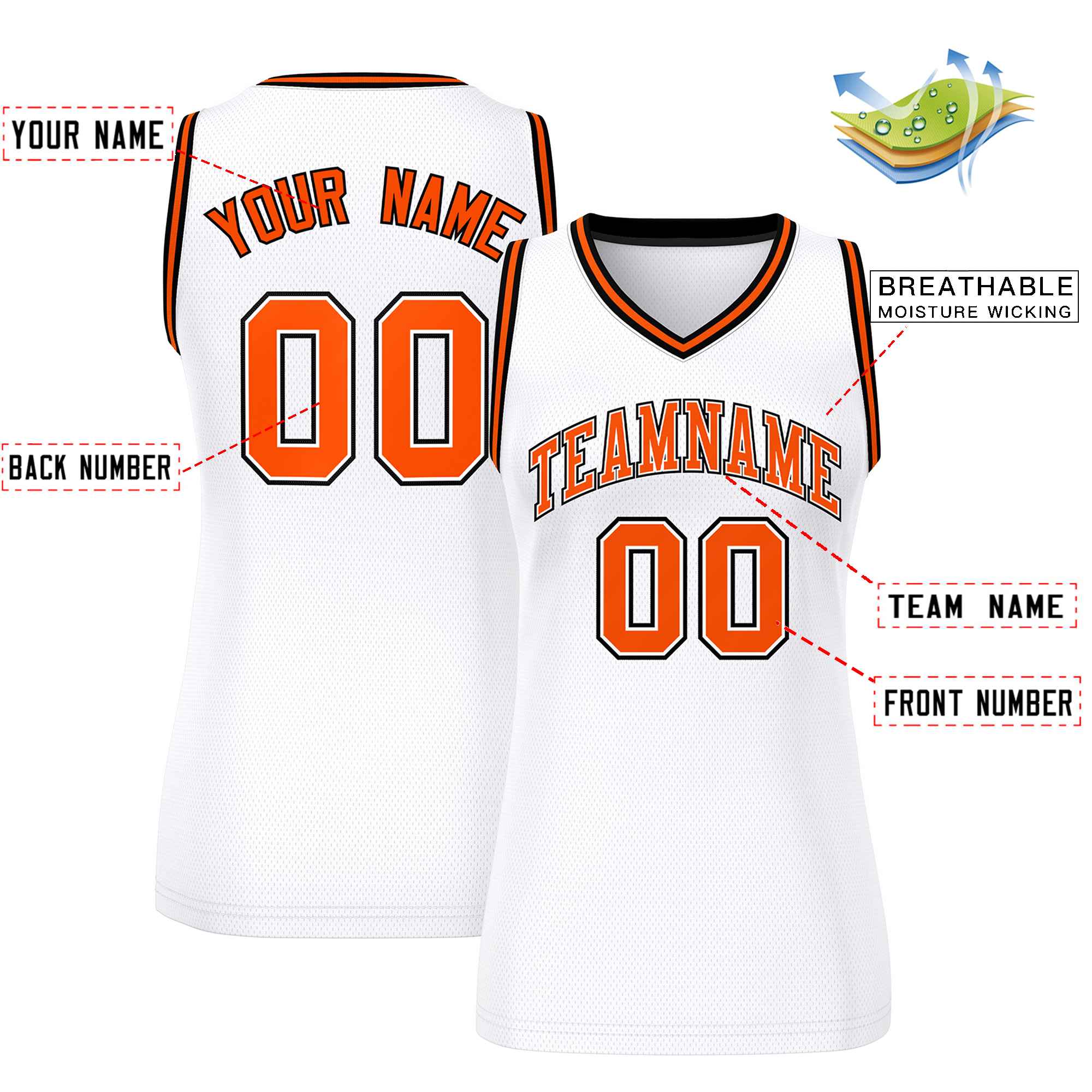 Custom White Orange-Black Classic Tops Mesh Basketball Jersey for Women