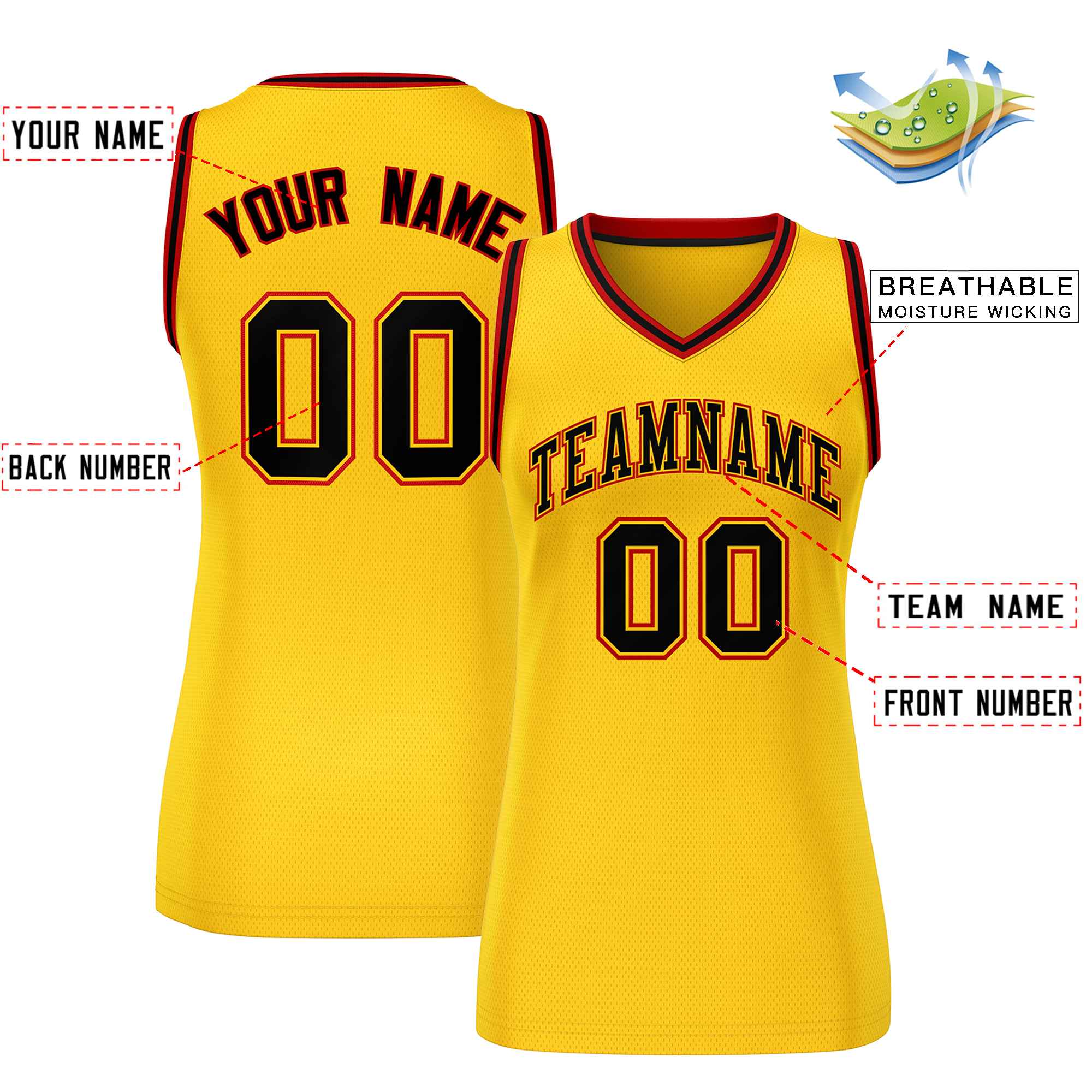 Custom Yellow Black-Red Classic Tops Mesh Basketball Jersey for Women