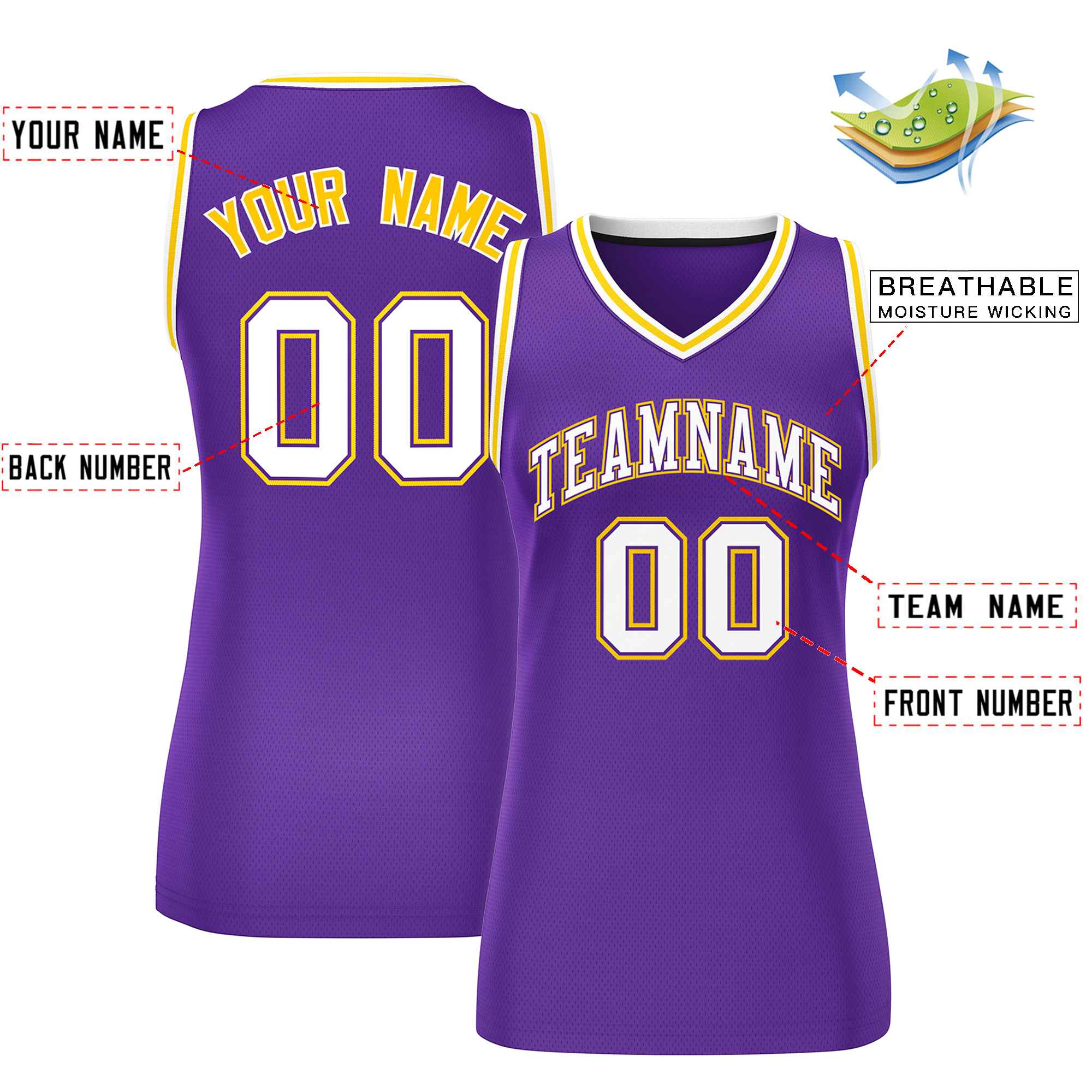 Custom Purple White-Gold Classic Tops Mesh Basketball Jersey for Women