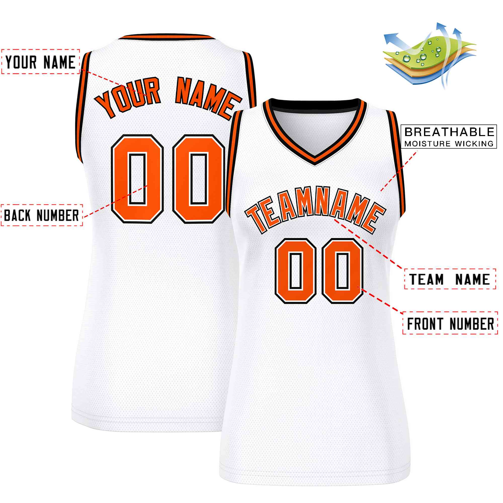 Maillot de basket-ball en maille personnalisé, blanc, Orange-noir, hauts classiques pour femmes