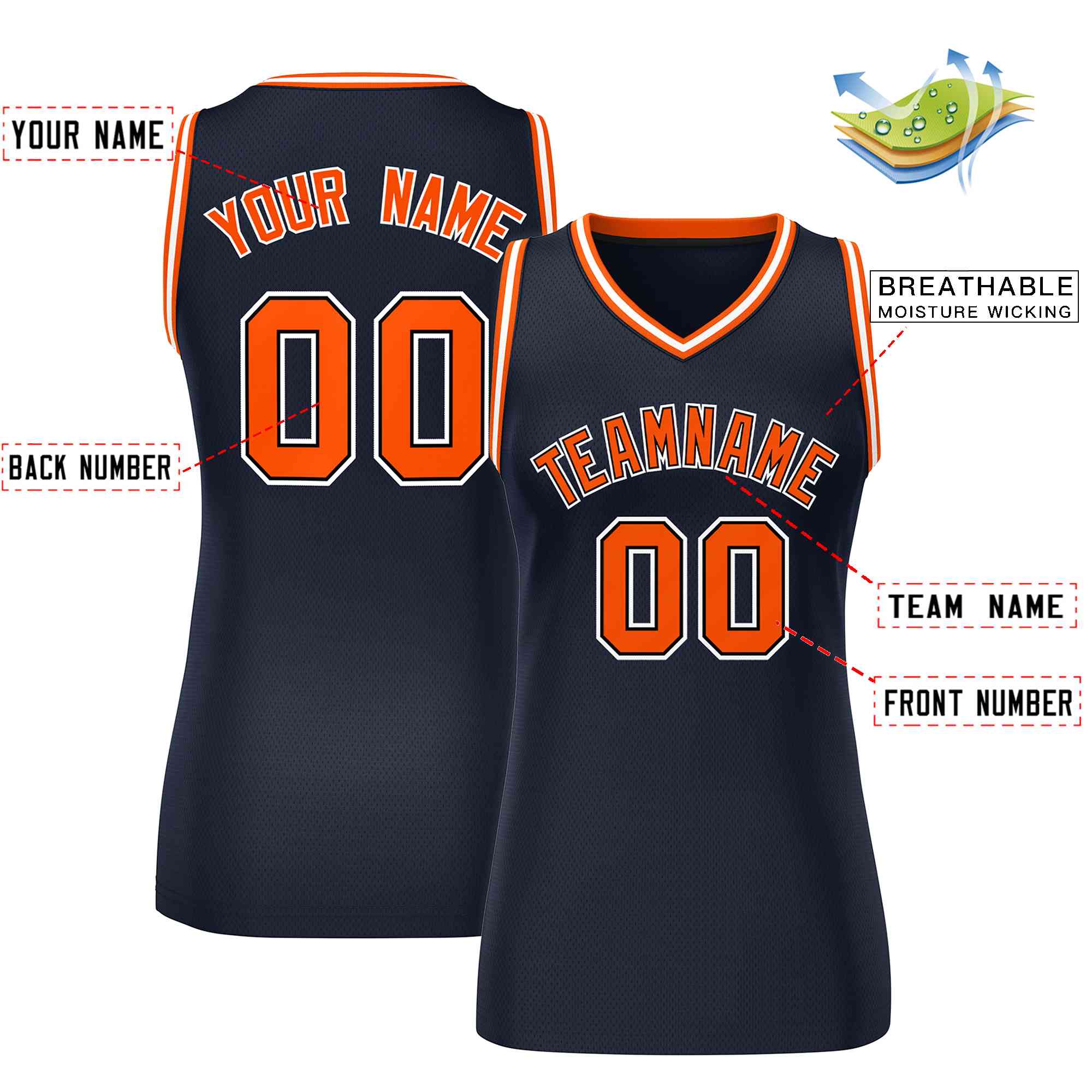 Maillot de basket-ball en maille personnalisé, bleu marine, Orange-blanc, hauts classiques pour femmes