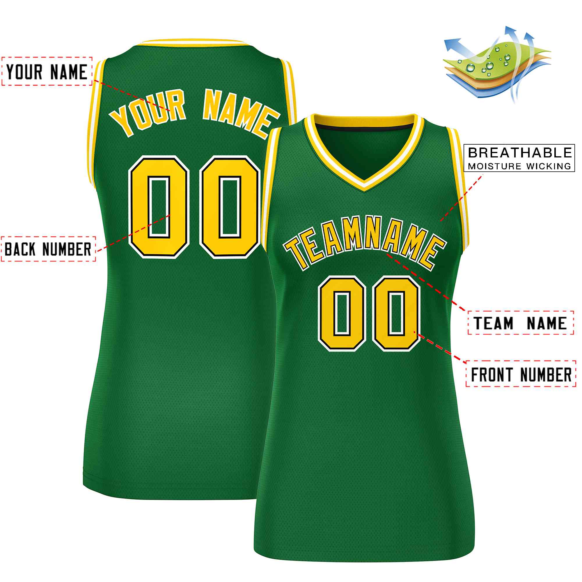 Custom Green Gold-White Classic Tops Mesh Basketball Jersey for Women