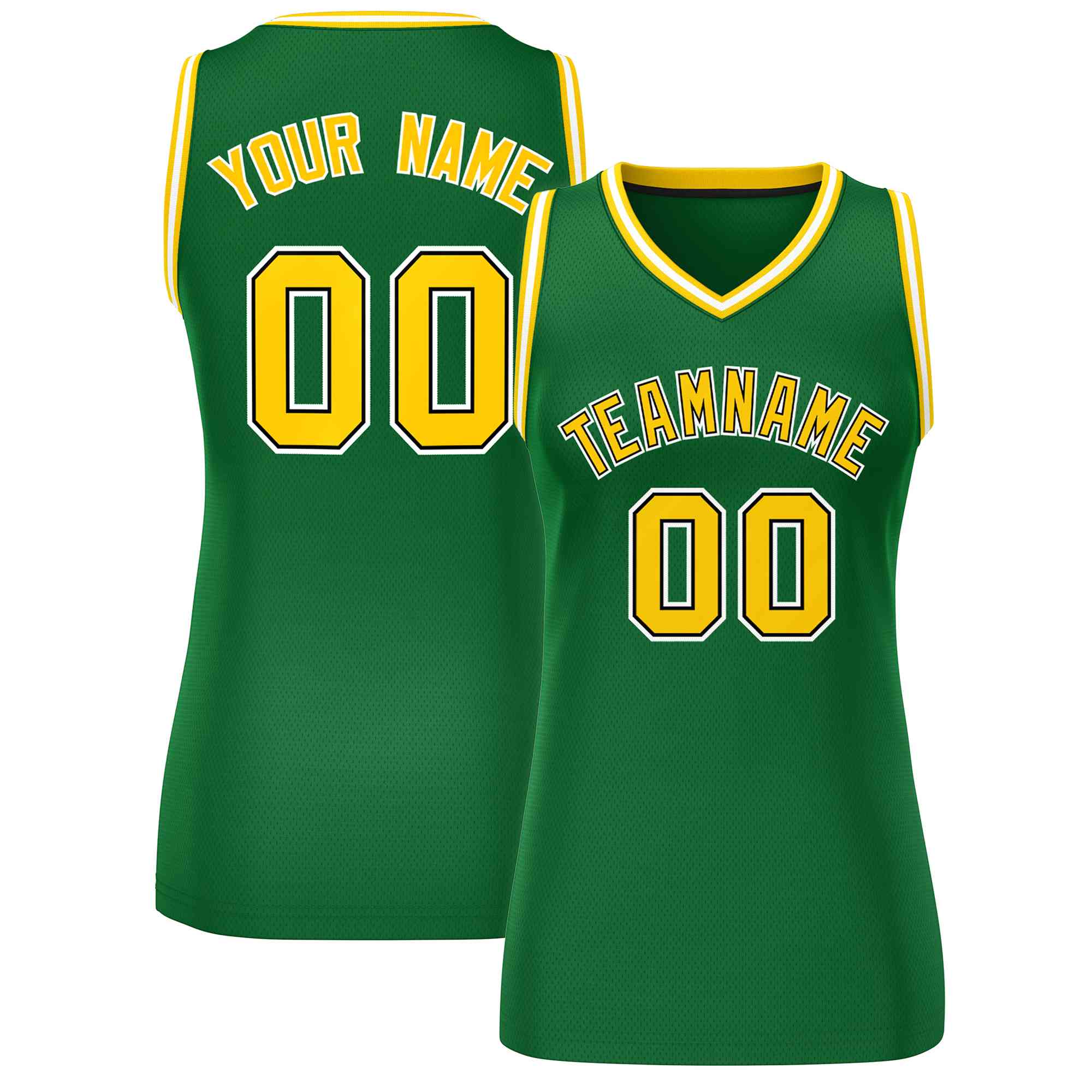 Maillot de basket-ball en maille personnalisé vert or-blanc classique pour femmes