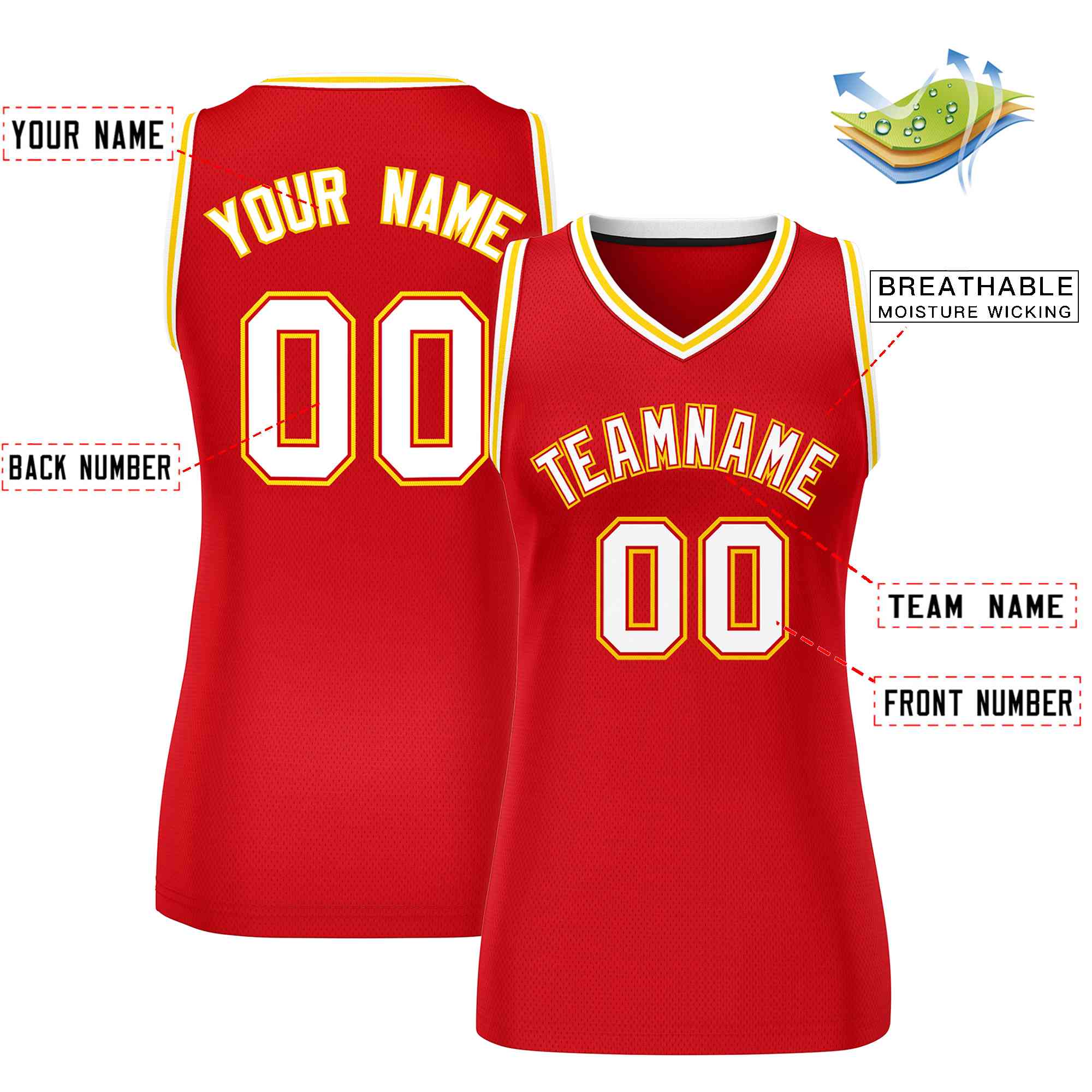 Custom Red White-Gold Classic Tops Mesh Basketball Jersey for Women