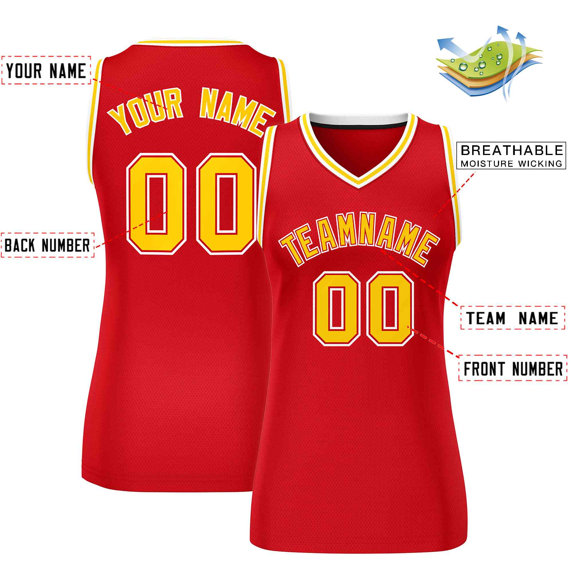 Maillot de basket-ball en maille personnalisé, haut classique rouge or-blanc pour femmes