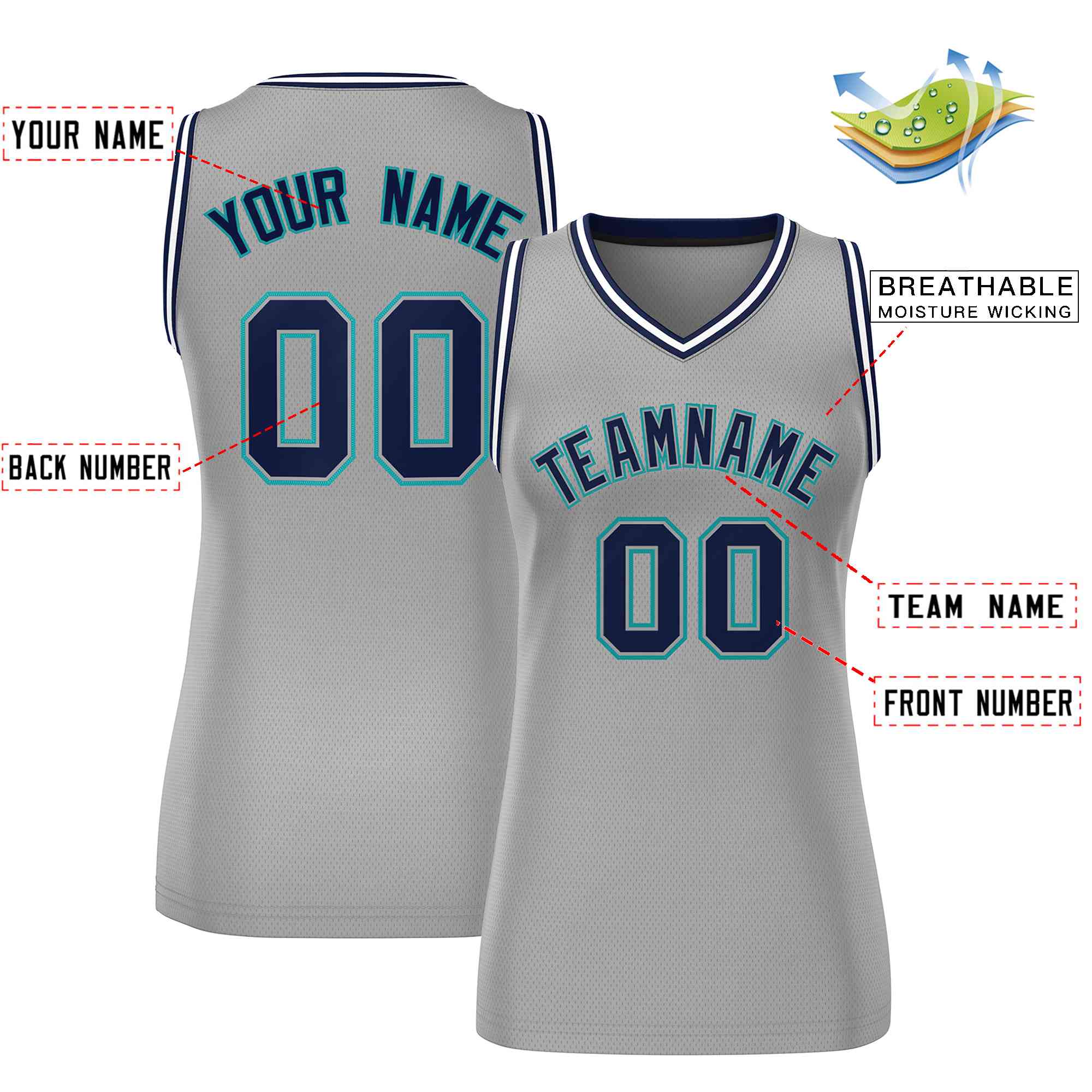 Maillot de basket-ball en maille gris marine-Aqua, personnalisé, classique, pour femmes