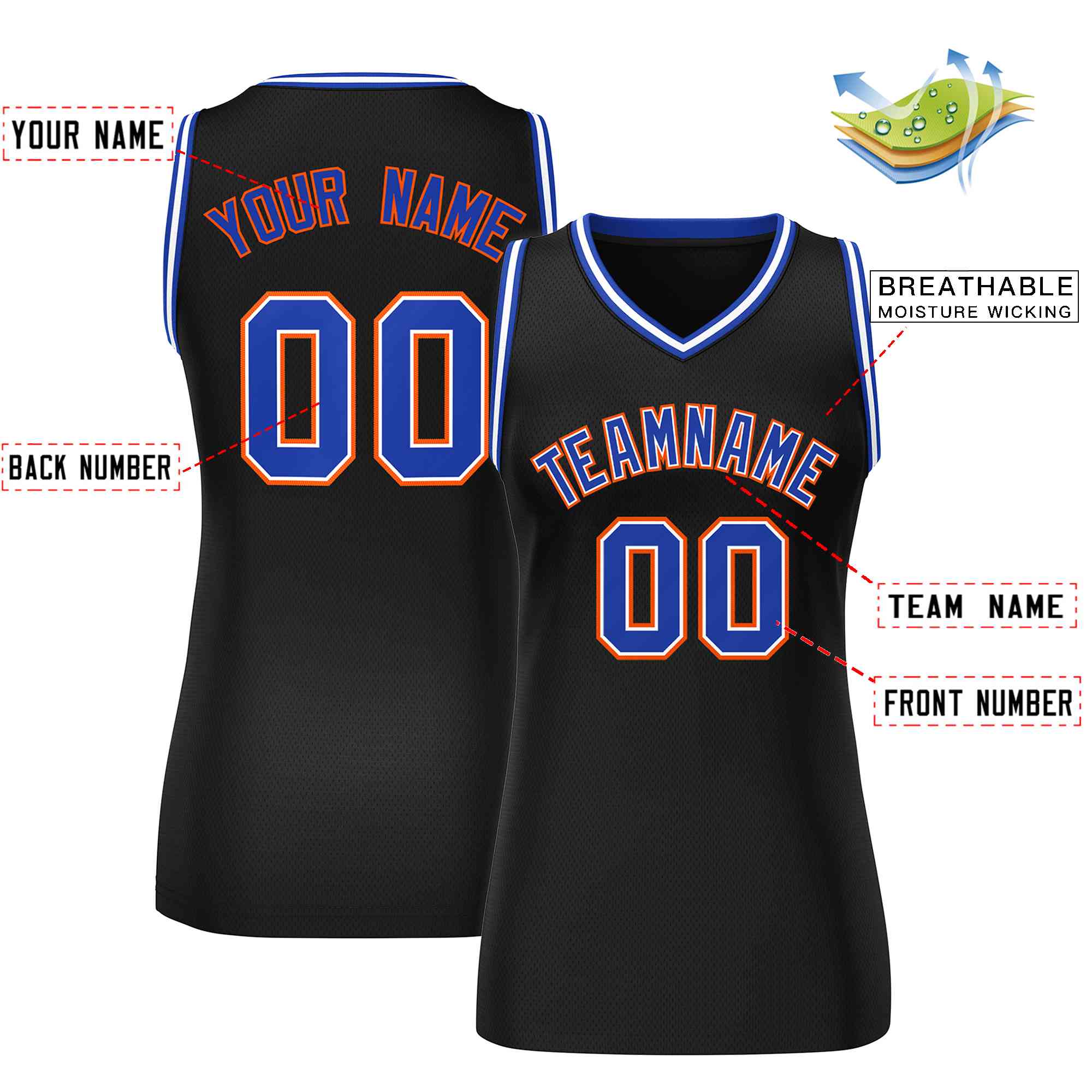 Maillot de basket-ball en maille noir Royal-Orange personnalisé, haut classique pour femmes