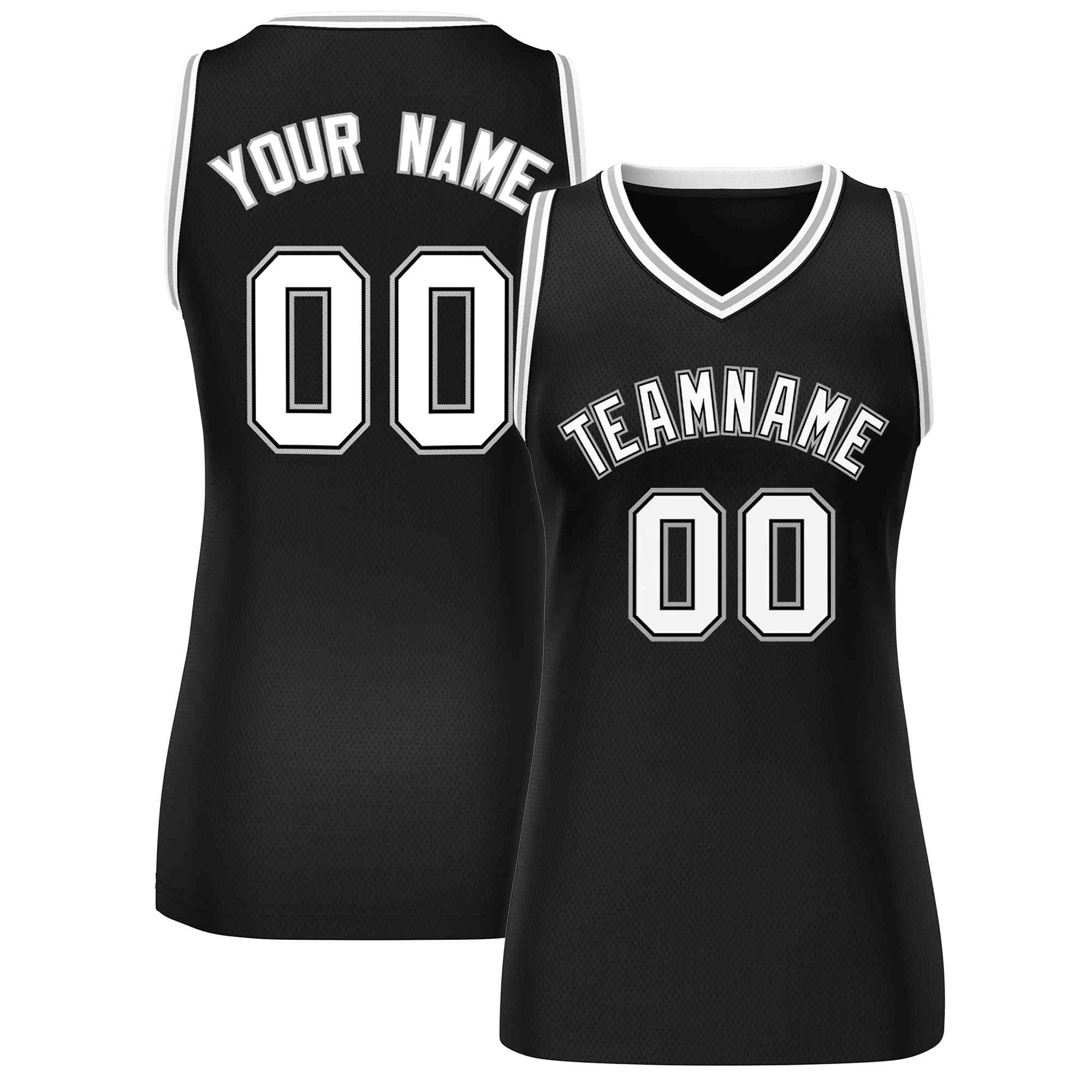 Maillot de basket-ball en maille personnalisé noir blanc-gris, hauts classiques pour femmes